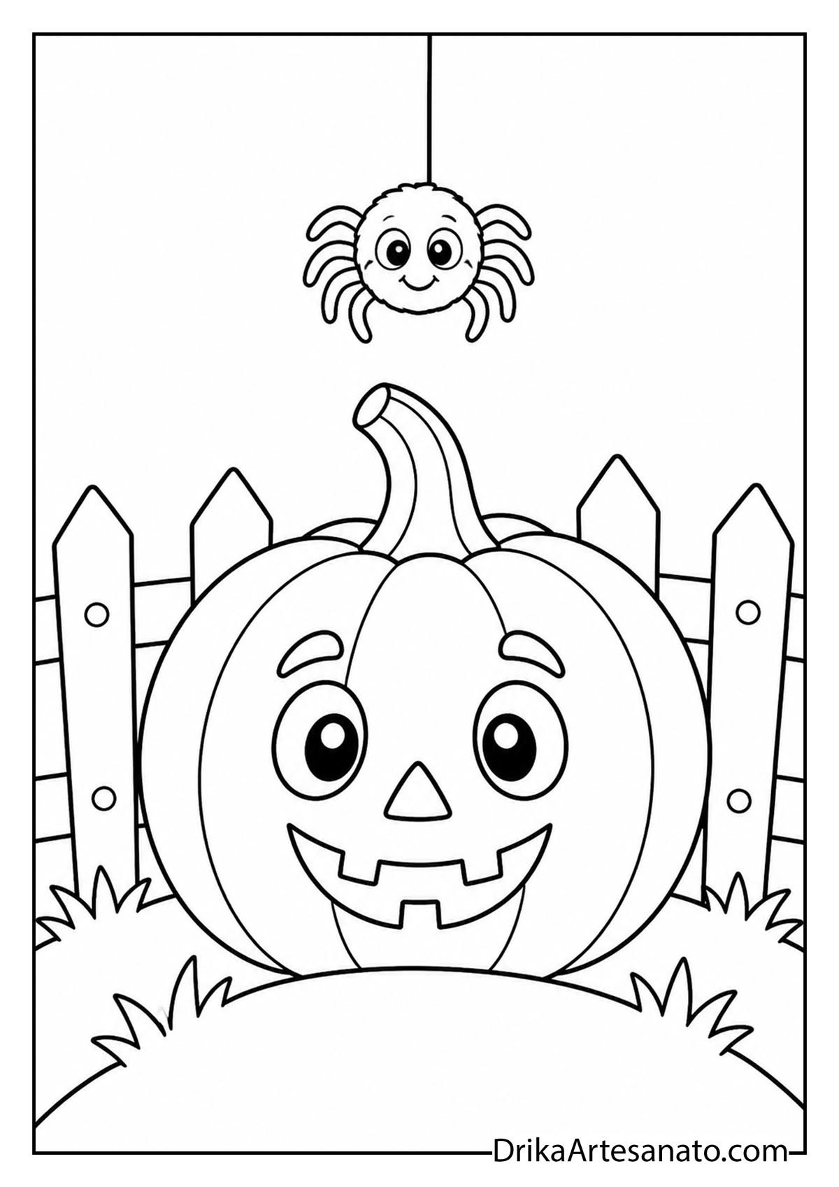 Cute cartoon spider dangling above a smiling jack-o-lantern coloring page for kids