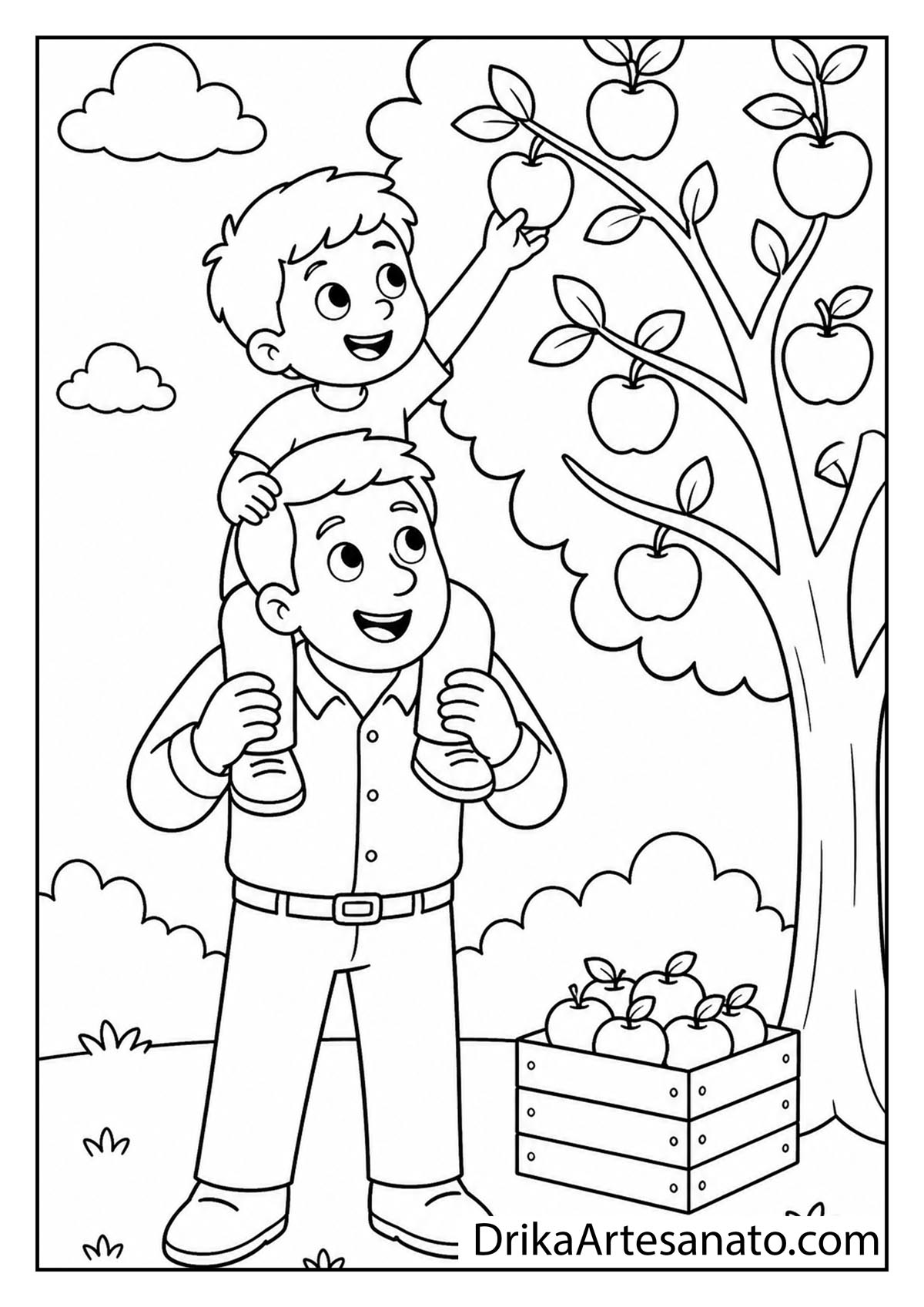 Father carrying his young son on his shoulders to pick an apple from a tree coloring page