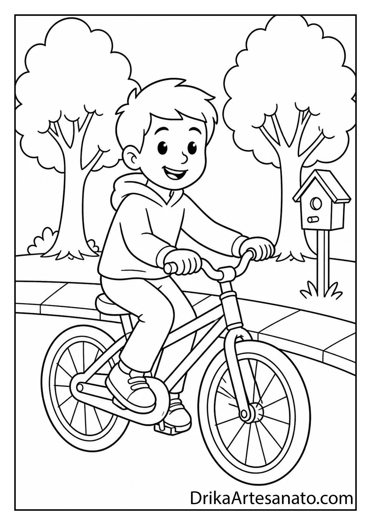Boy riding a bicycle down a sidewalk past autumn trees printable coloring sheet