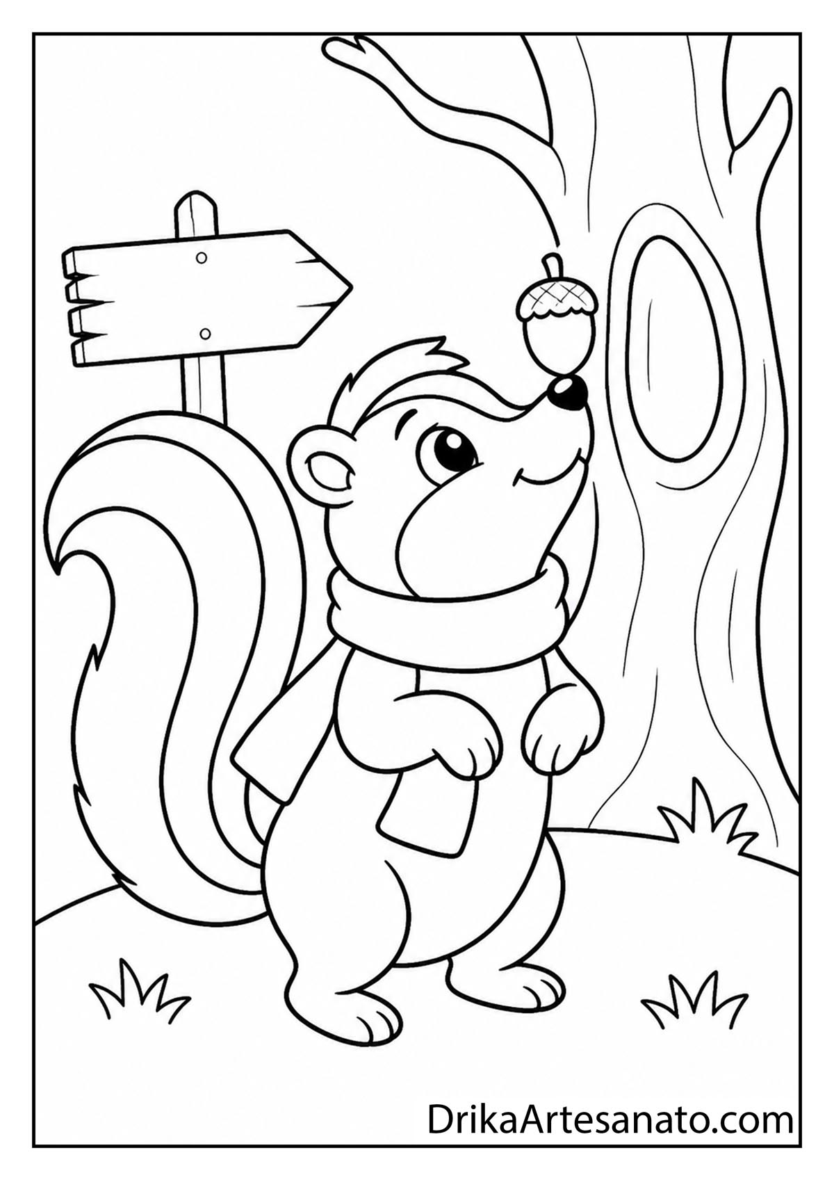 Cute skunk wearing a warm scarf balancing an acorn on its nose coloring page