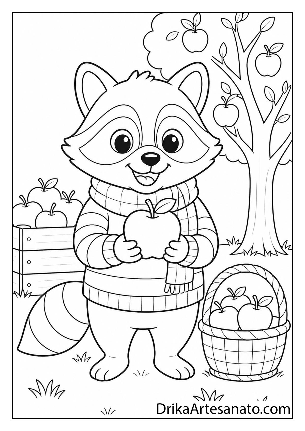 Cartoon raccoon wearing a striped sweater holding an apple in an apple orchard coloring sheet