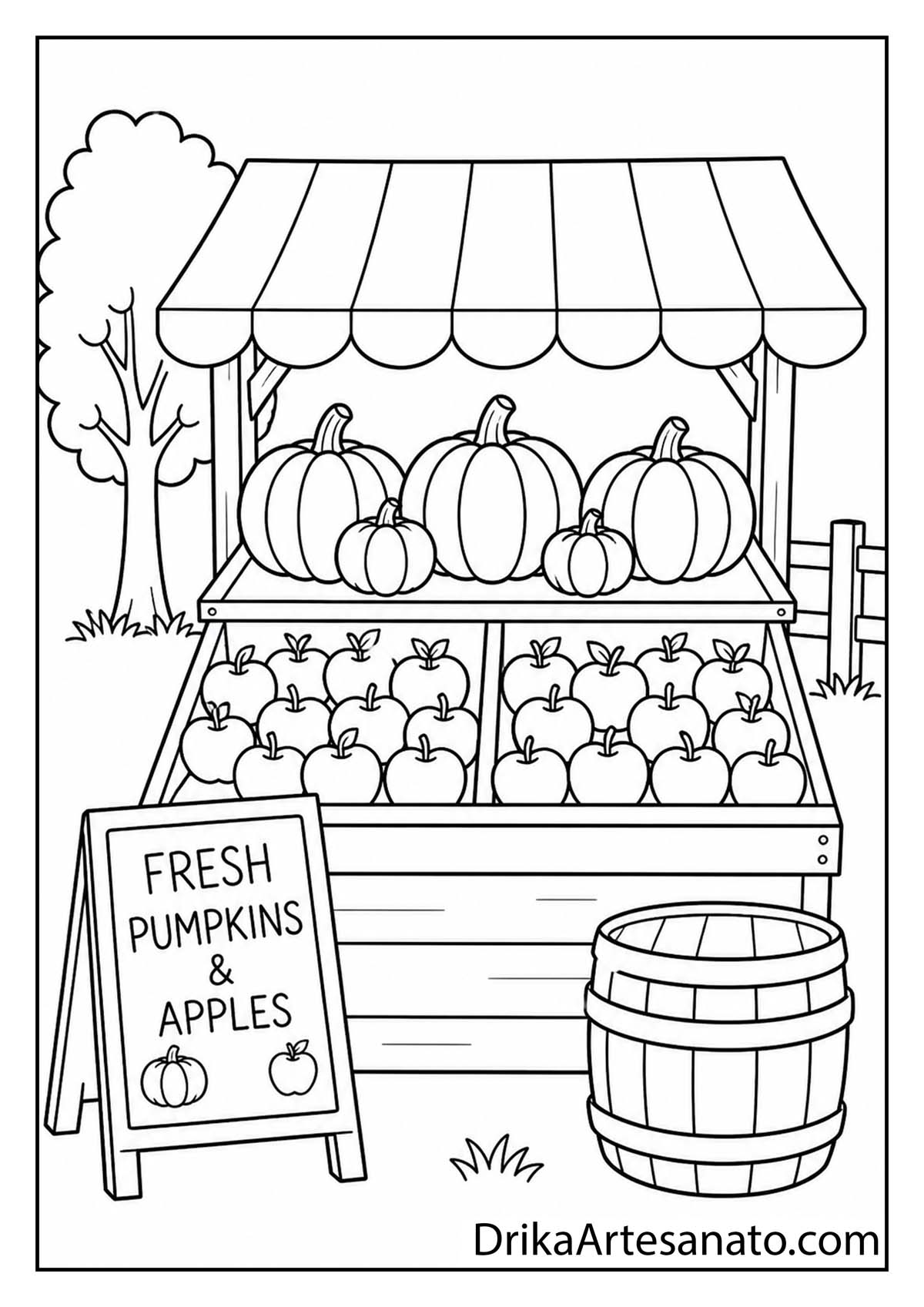 Farmer market stand with pumpkins and apples under a striped awning coloring page