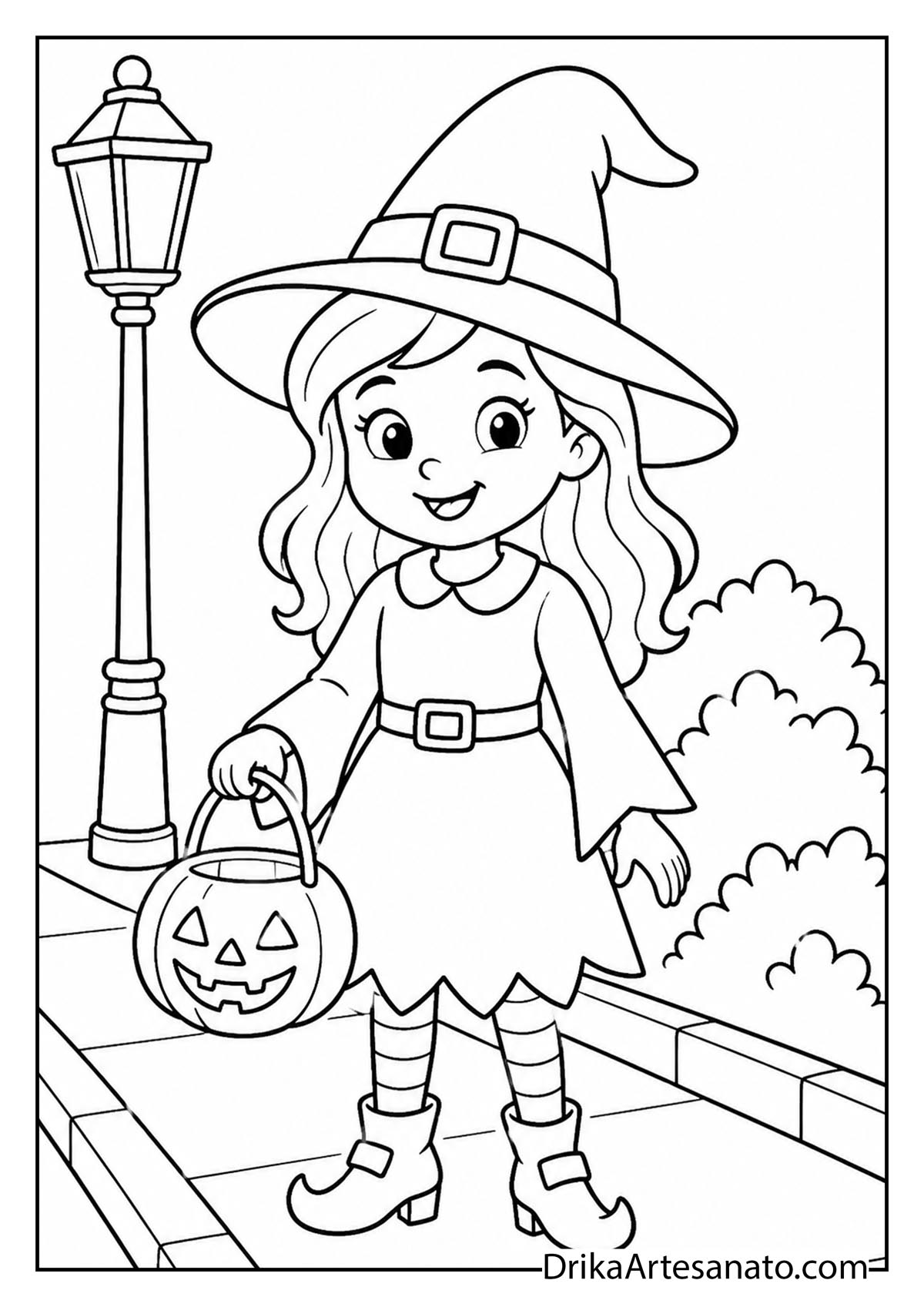 Cute girl dressed as a witch holding a pumpkin candy bucket line art coloring page