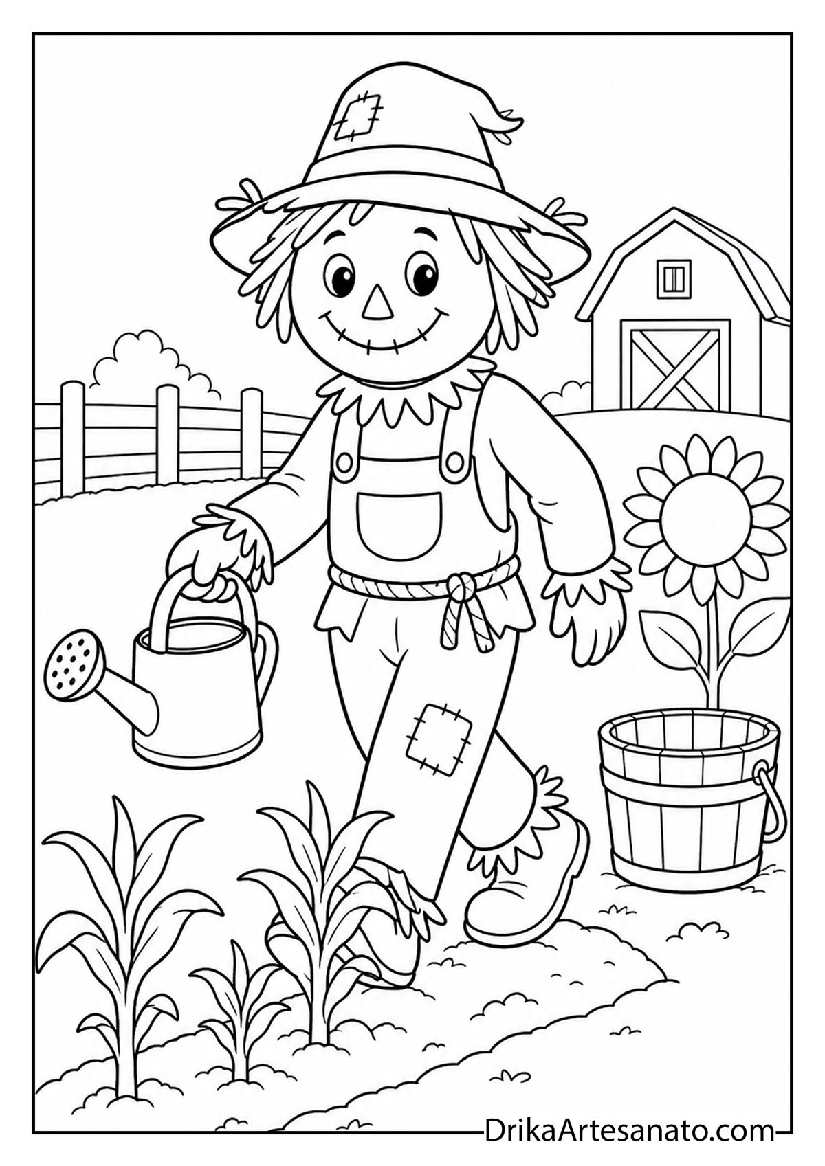 Scarecrow watering young corn plants with a watering can coloring page