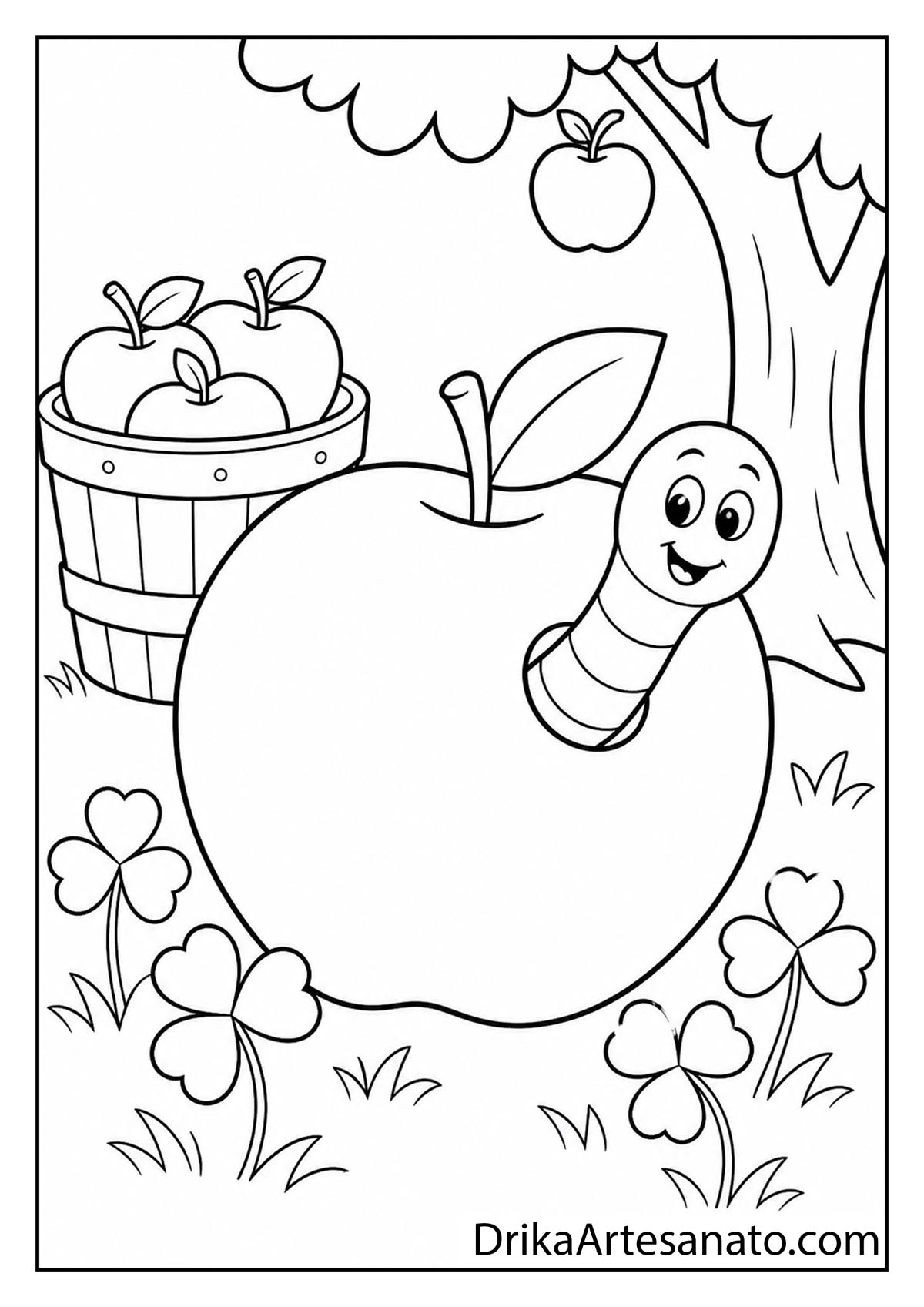 Cute cartoon worm popping out of a large shiny apple in a clover field coloring sheet