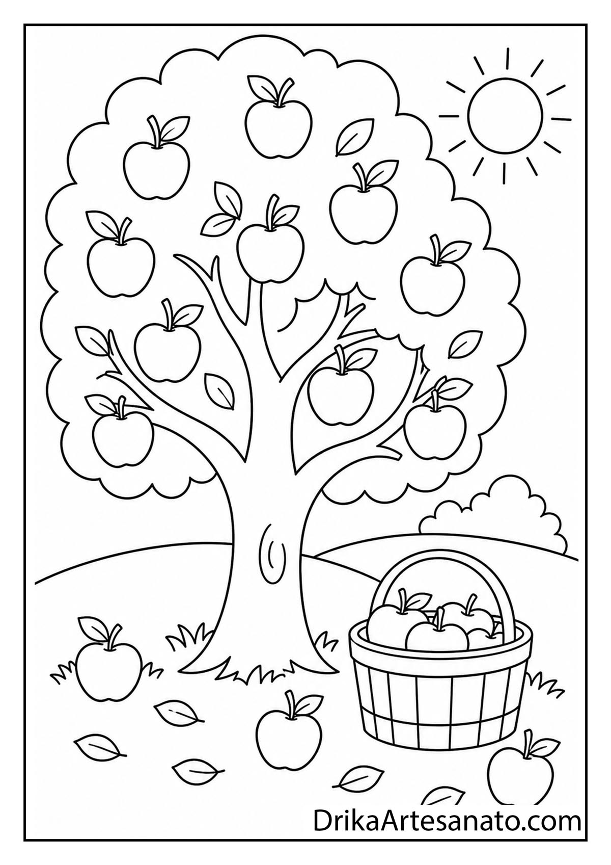 Apple tree full of ripe fruit with an apple basket autumn coloring page for kids