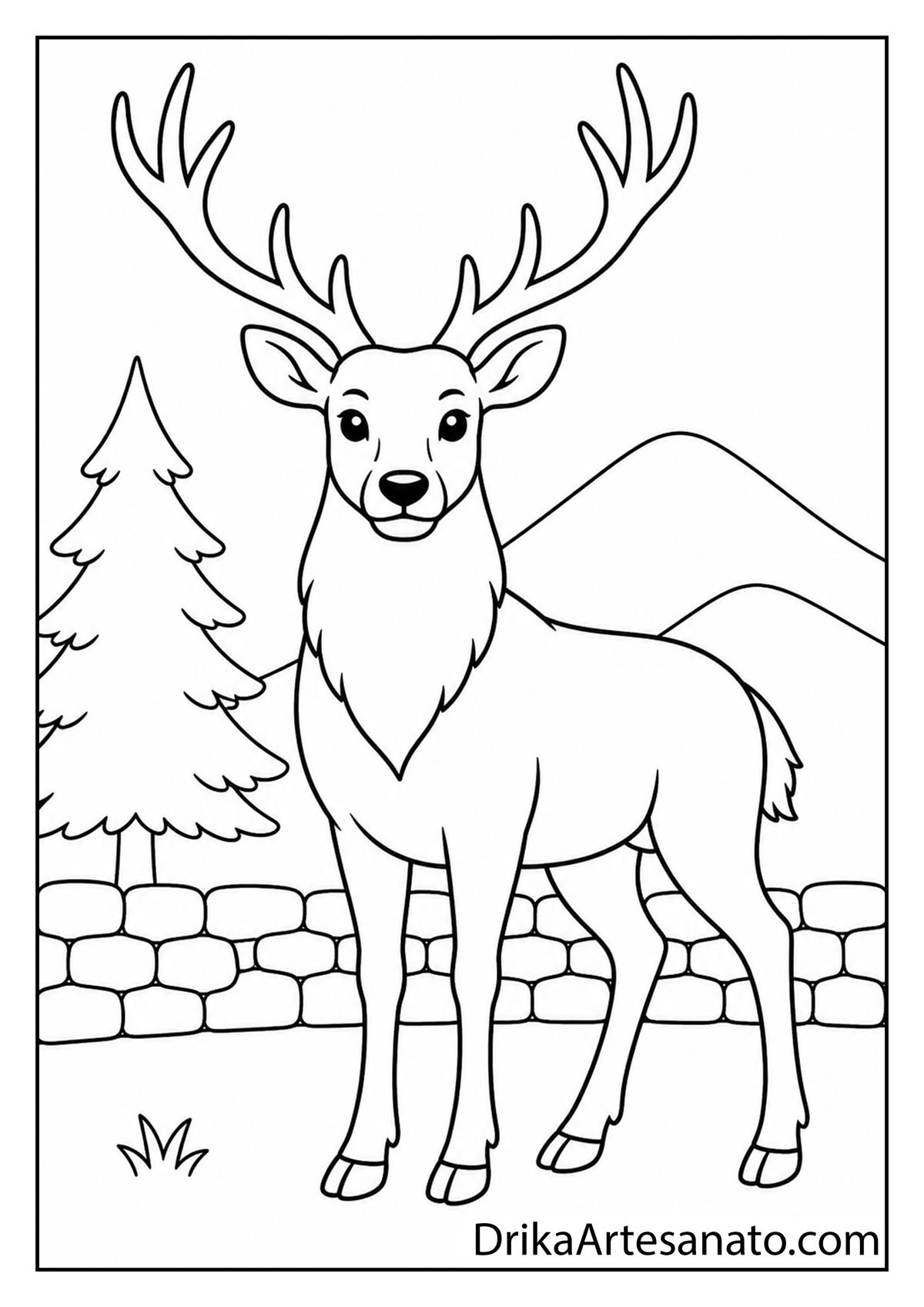 Antlered deer standing in a landscape with pine trees and hills coloring page