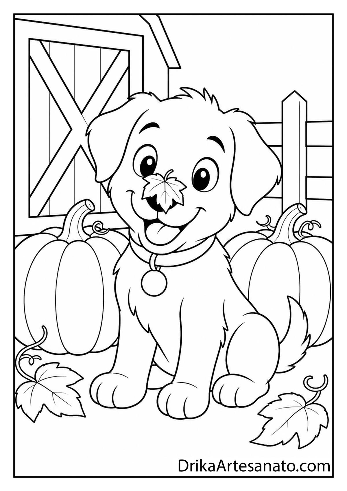 Cute puppy sitting with a leaf on its nose among pumpkins coloring sheet