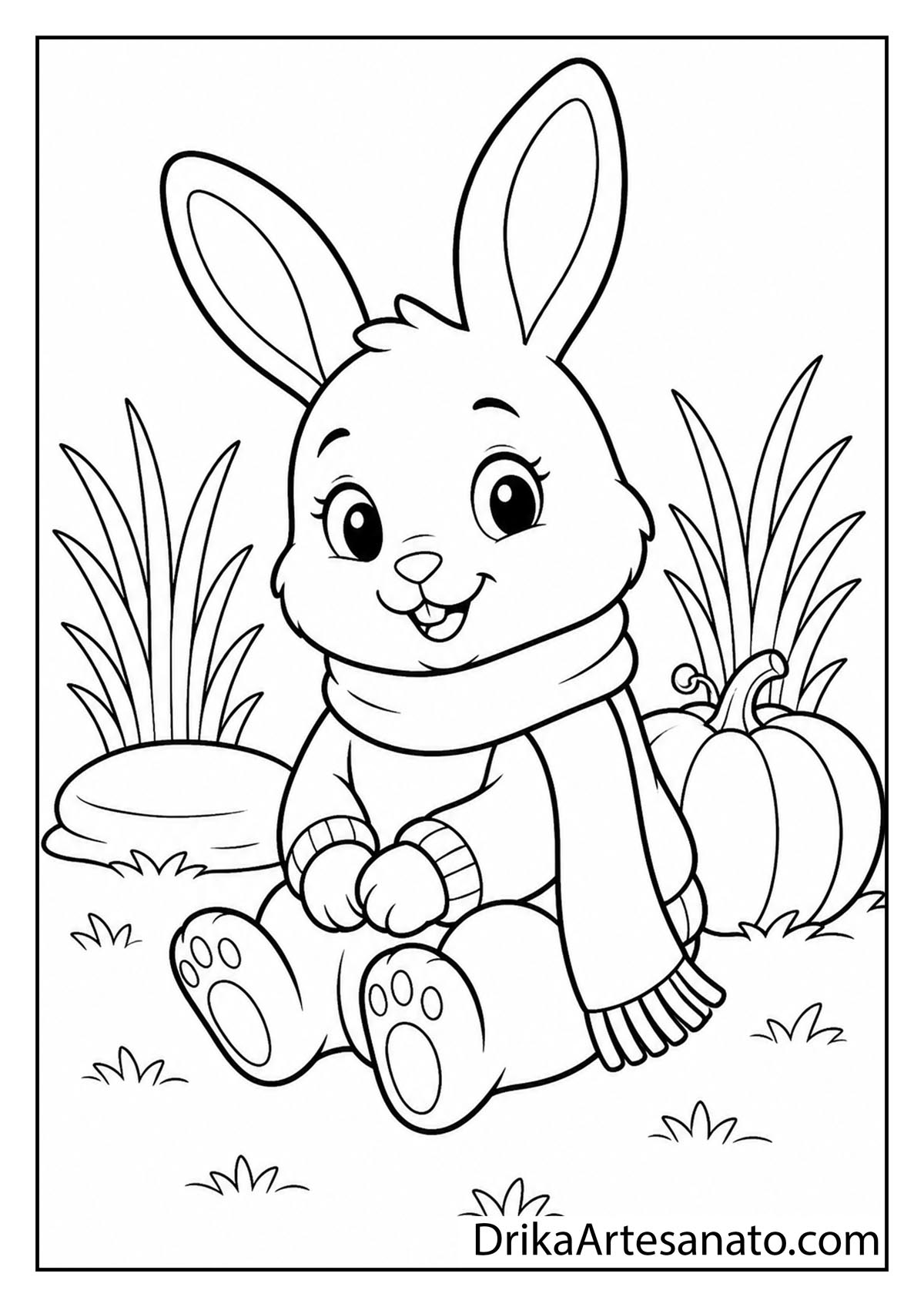Sweet cartoon bunny wearing a sweater and scarf sitting in a pumpkin patch line art coloring page