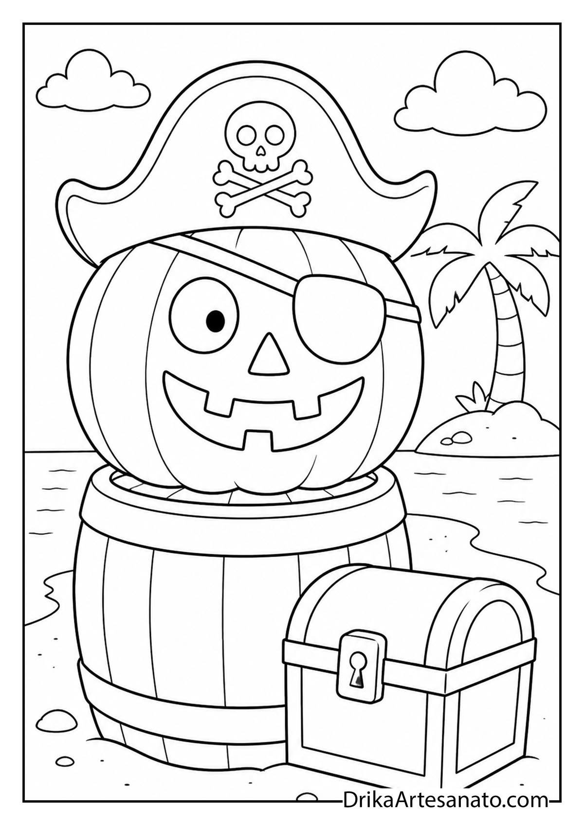 Pirate jack-o-lantern on a barrel next to a treasure chest line art coloring sheet