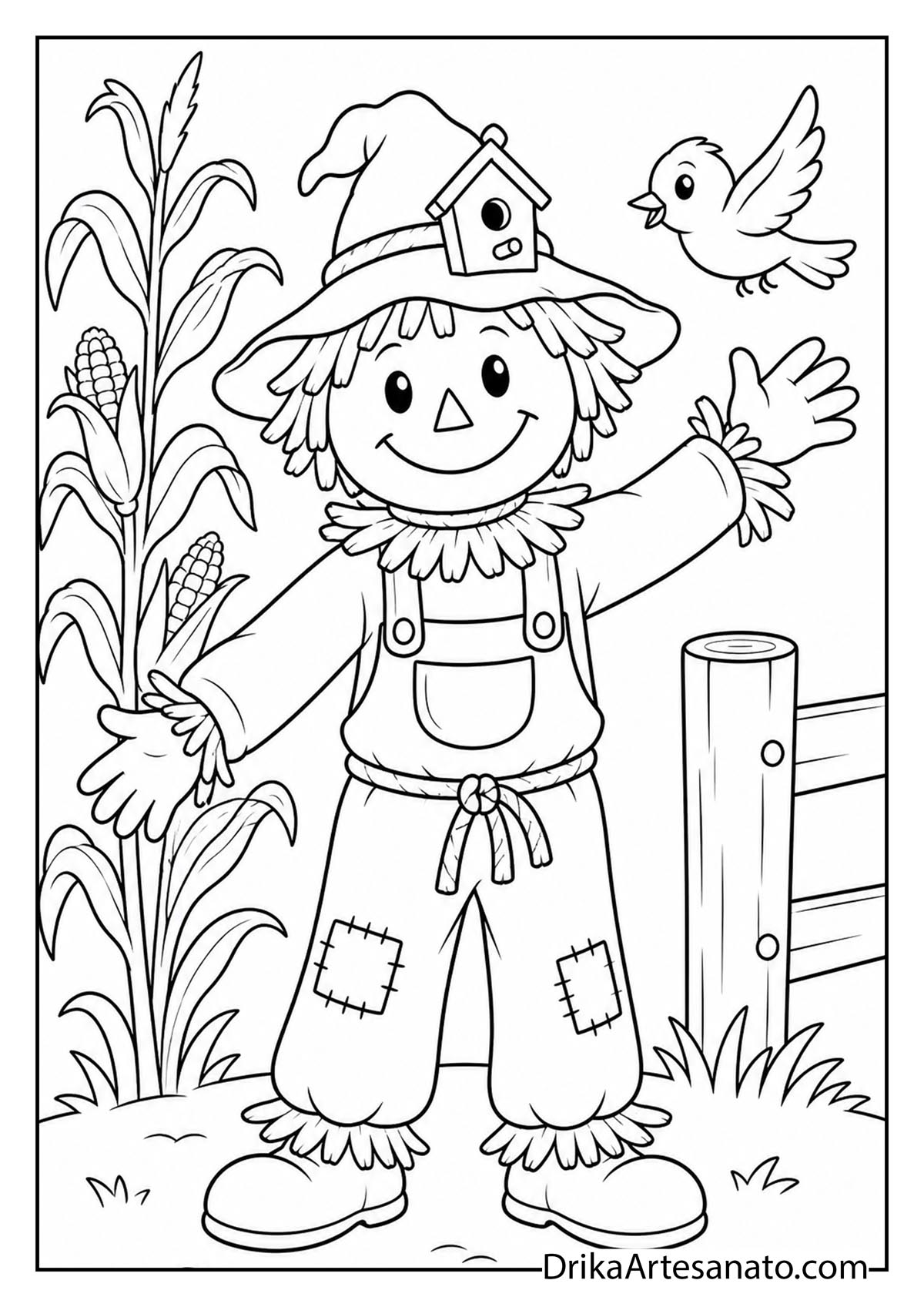 Cute scarecrow wearing a birdhouse hat waving at a bird coloring page