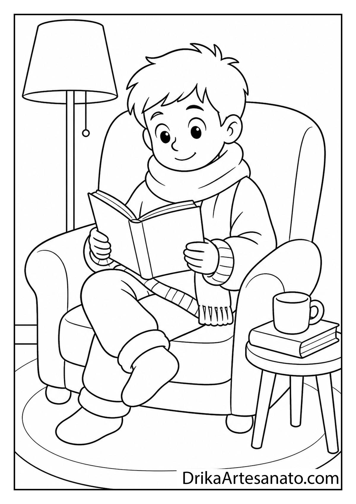 Cartoon boy wearing a scarf curled up reading a book in an armchair line art coloring page