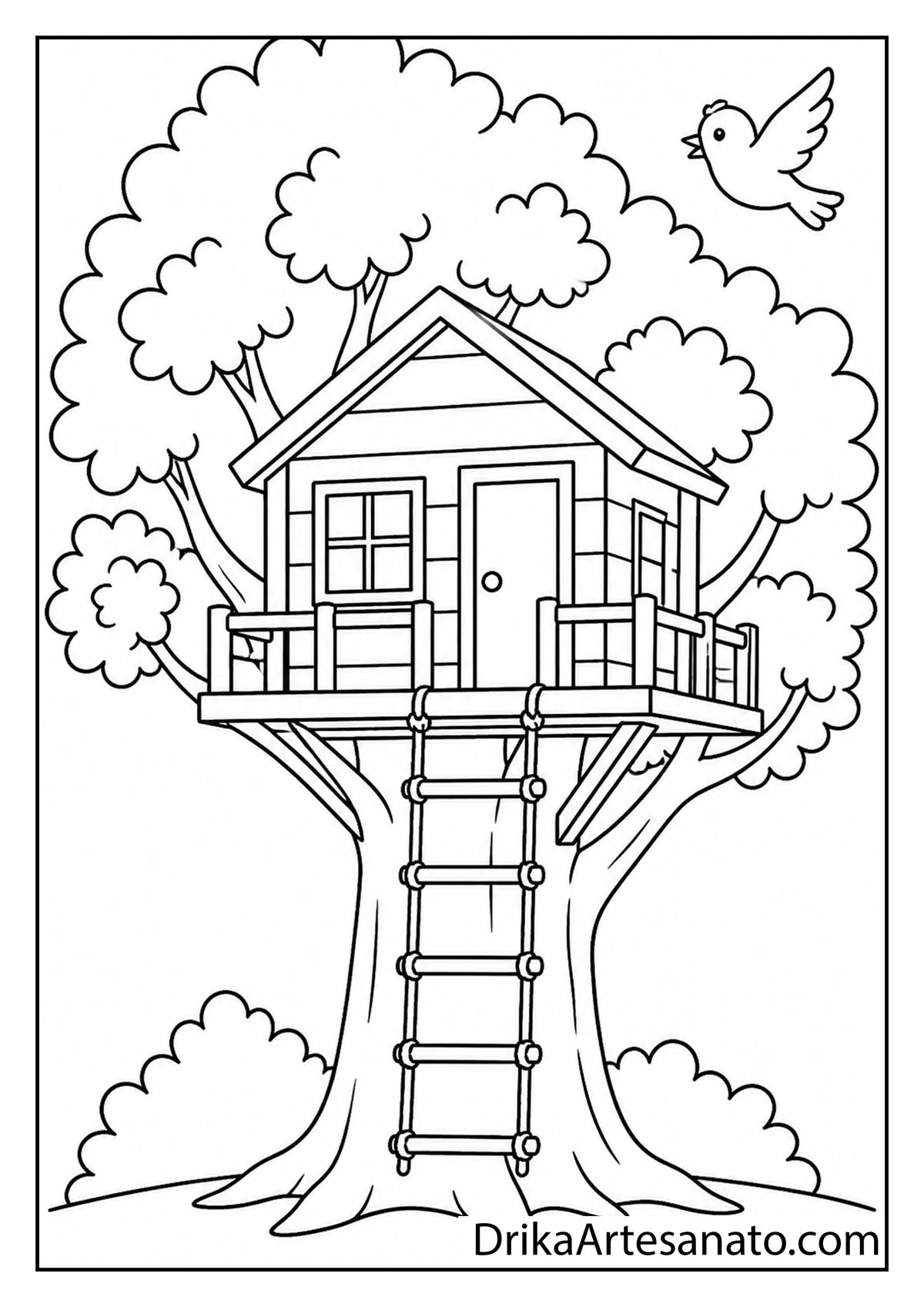 Wooden treehouse in a large autumn tree with a rope ladder coloring page for kids