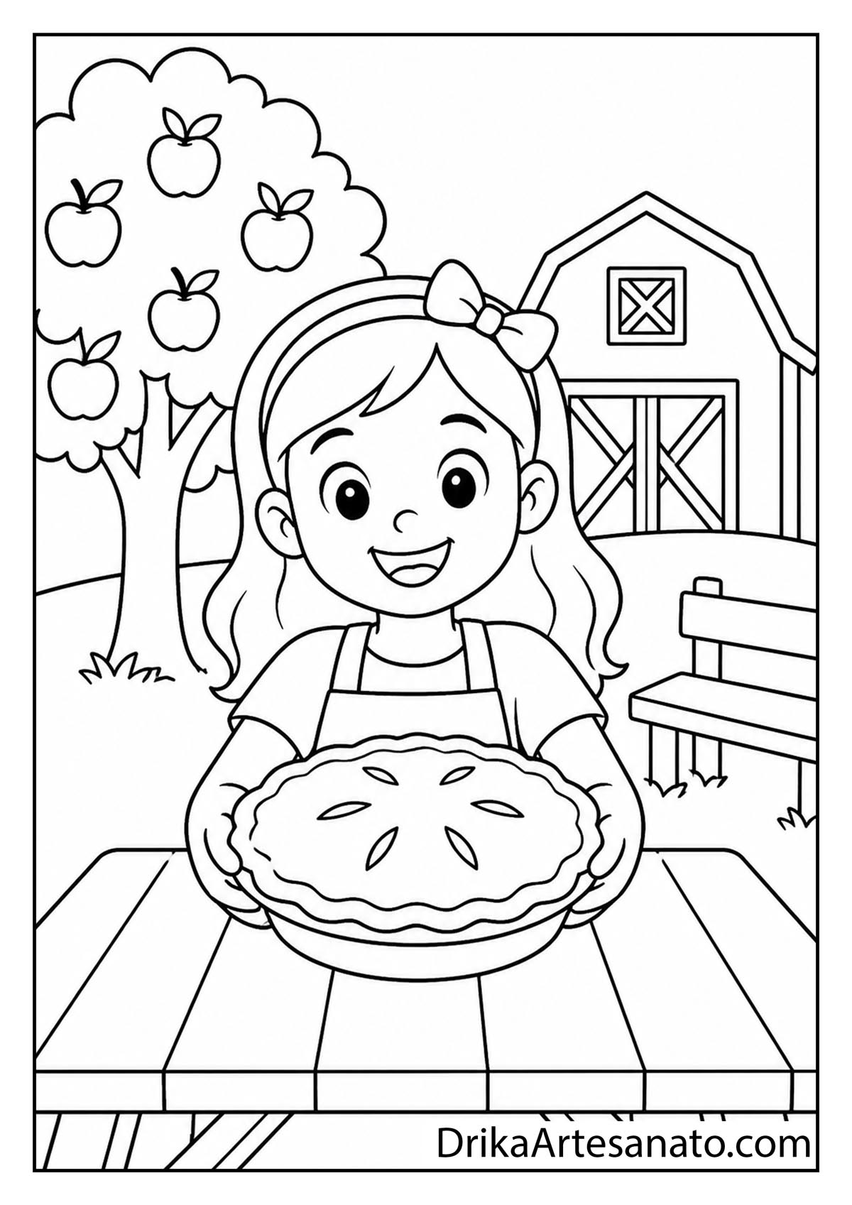 Smiling girl holding a freshly baked apple pie at an outdoor picnic table coloring page