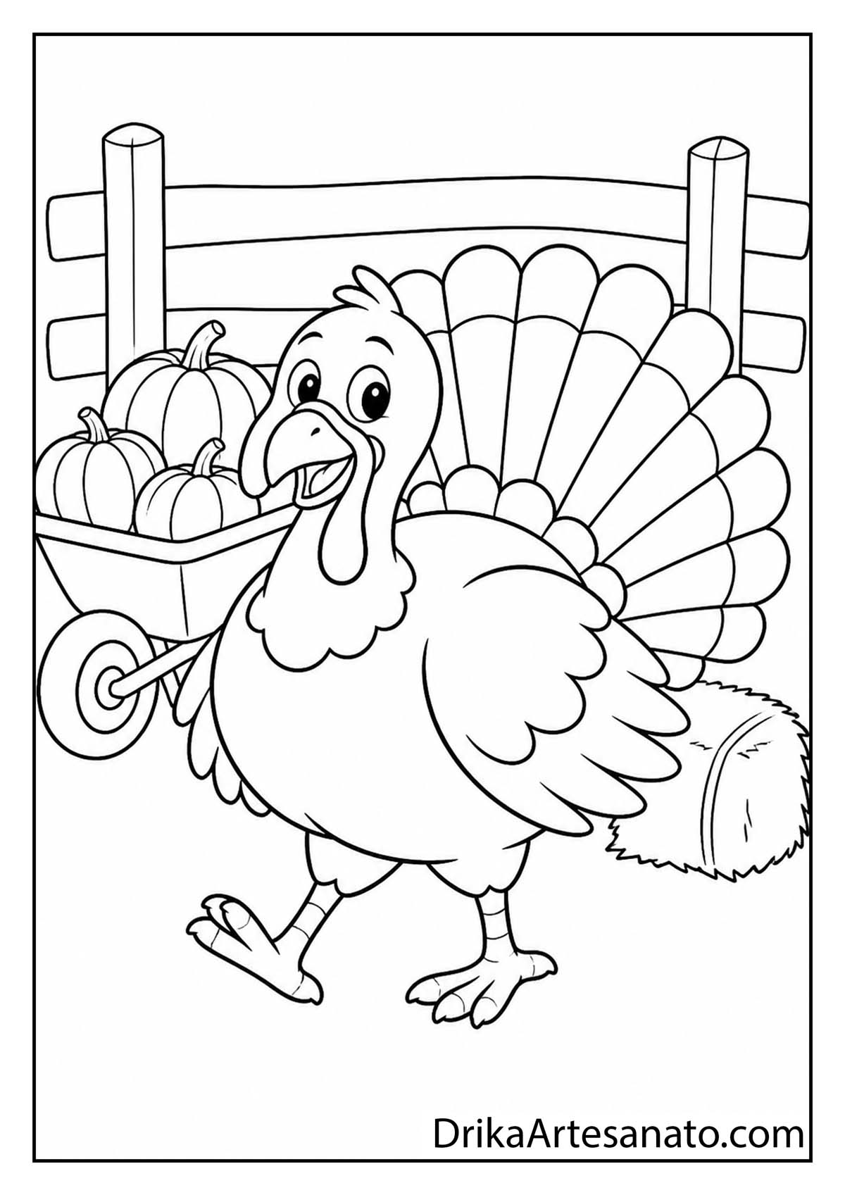 Cheerful Thanksgiving turkey displaying tail feathers beside pumpkins coloring page