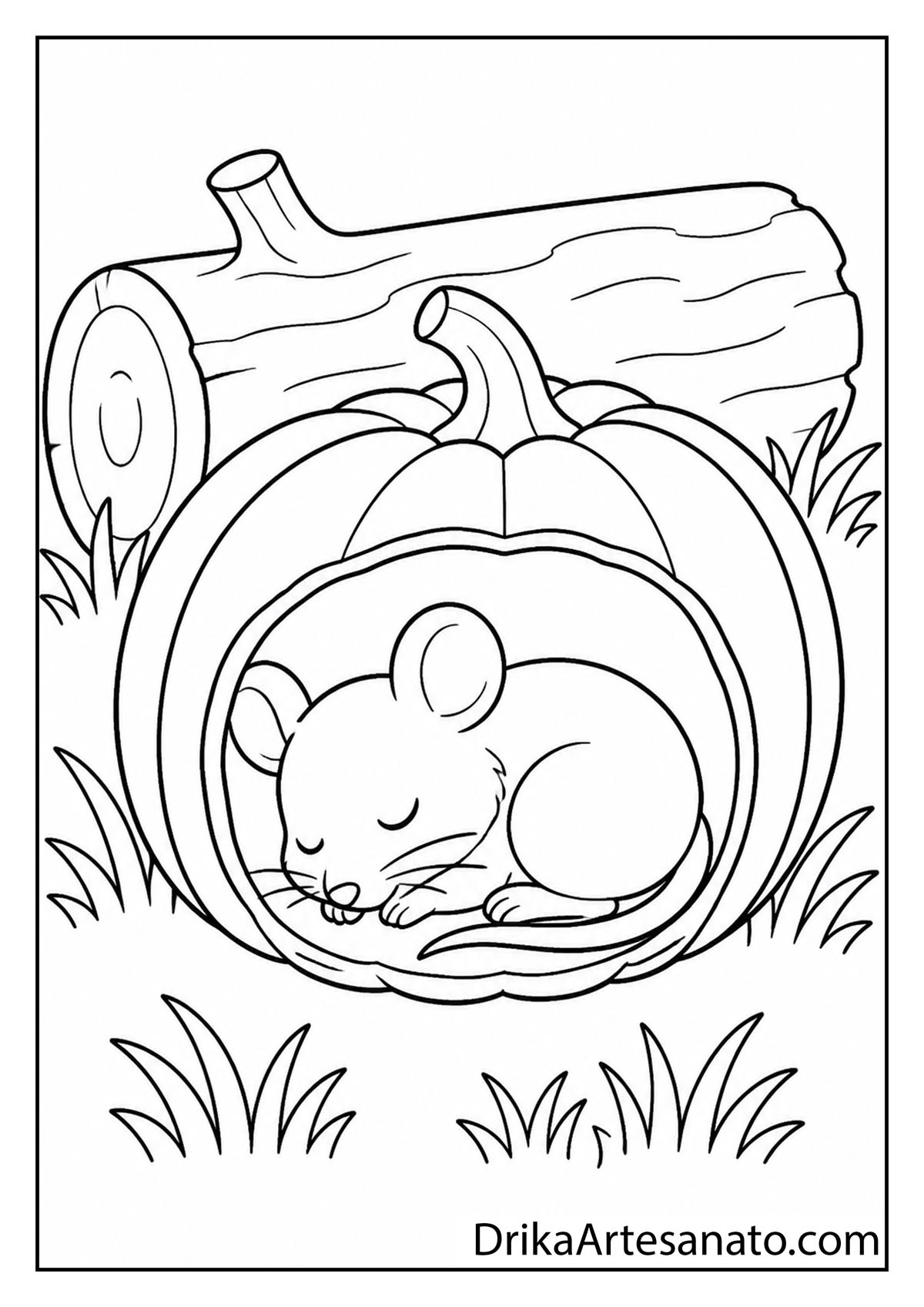 Tiny cute mouse sleeping inside a carved pumpkin printable coloring page
