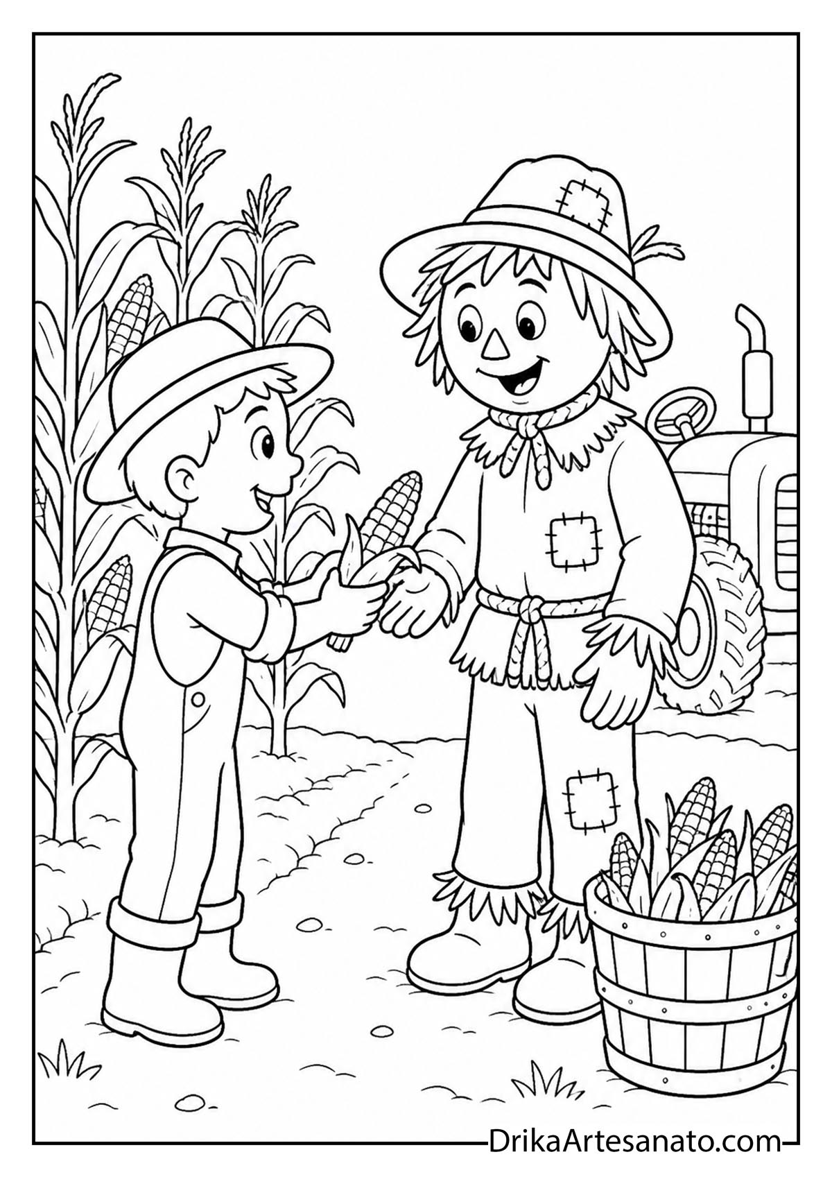 Farm boy giving corn to a scarecrow next to a tractor coloring page for kids