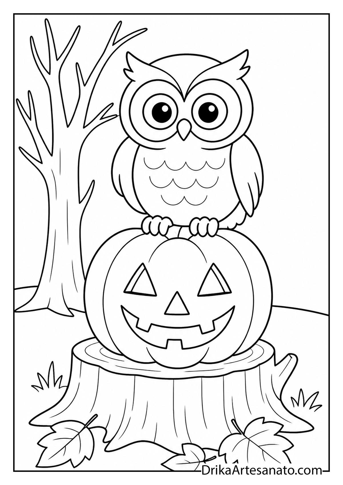 Wide-eyed cartoon owl sitting on a carved pumpkin stump printable coloring page