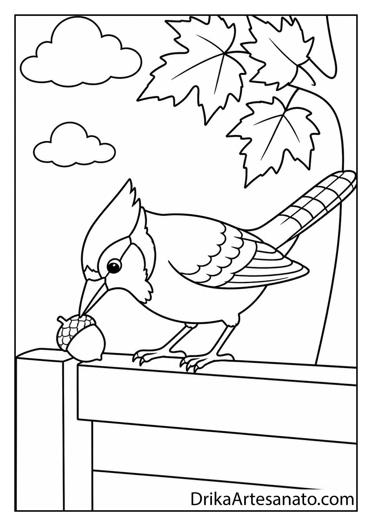 Cartoon blue jay bird with an acorn on a wooden fence line art coloring page