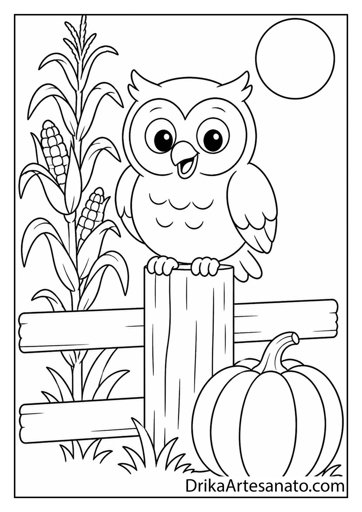 Cute owl perched on a fence post under a full moon printable coloring sheet