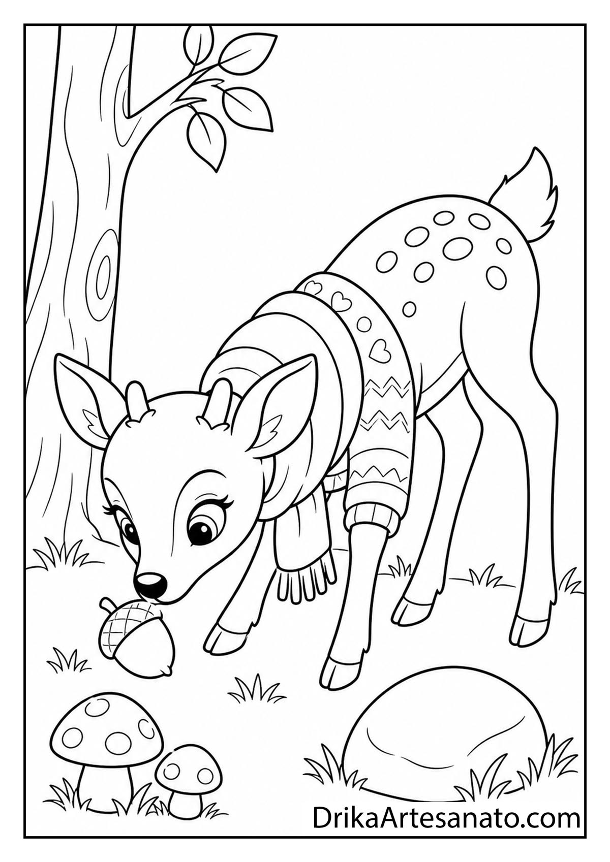 Cute cartoon baby deer wearing a sweater and scarf looking at an acorn line art coloring sheet