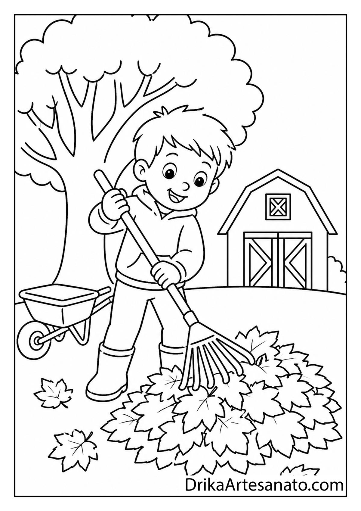 Boy raking a pile of leaves by a wheelbarrow and farm barn fall coloring sheet