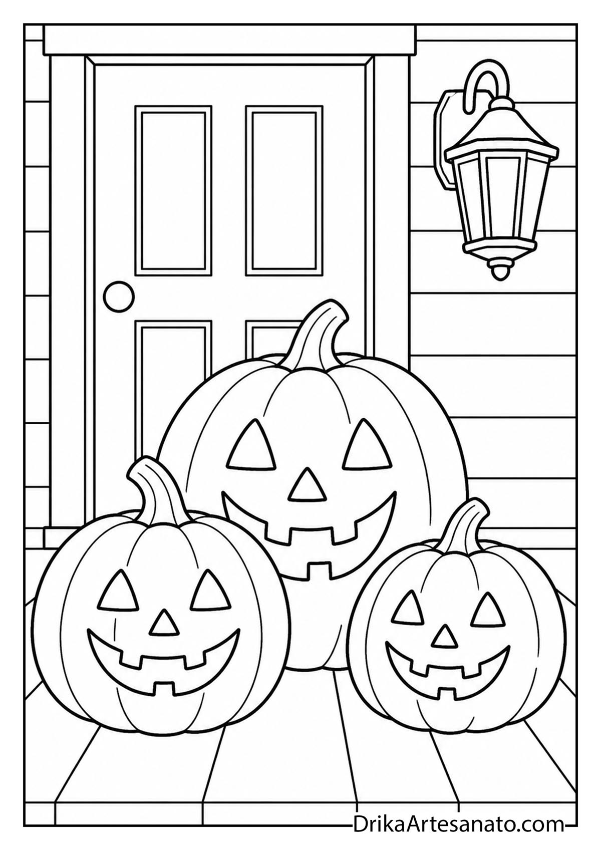 Trio of grinning jack-o-lanterns sitting on a wooden porch line art coloring sheet