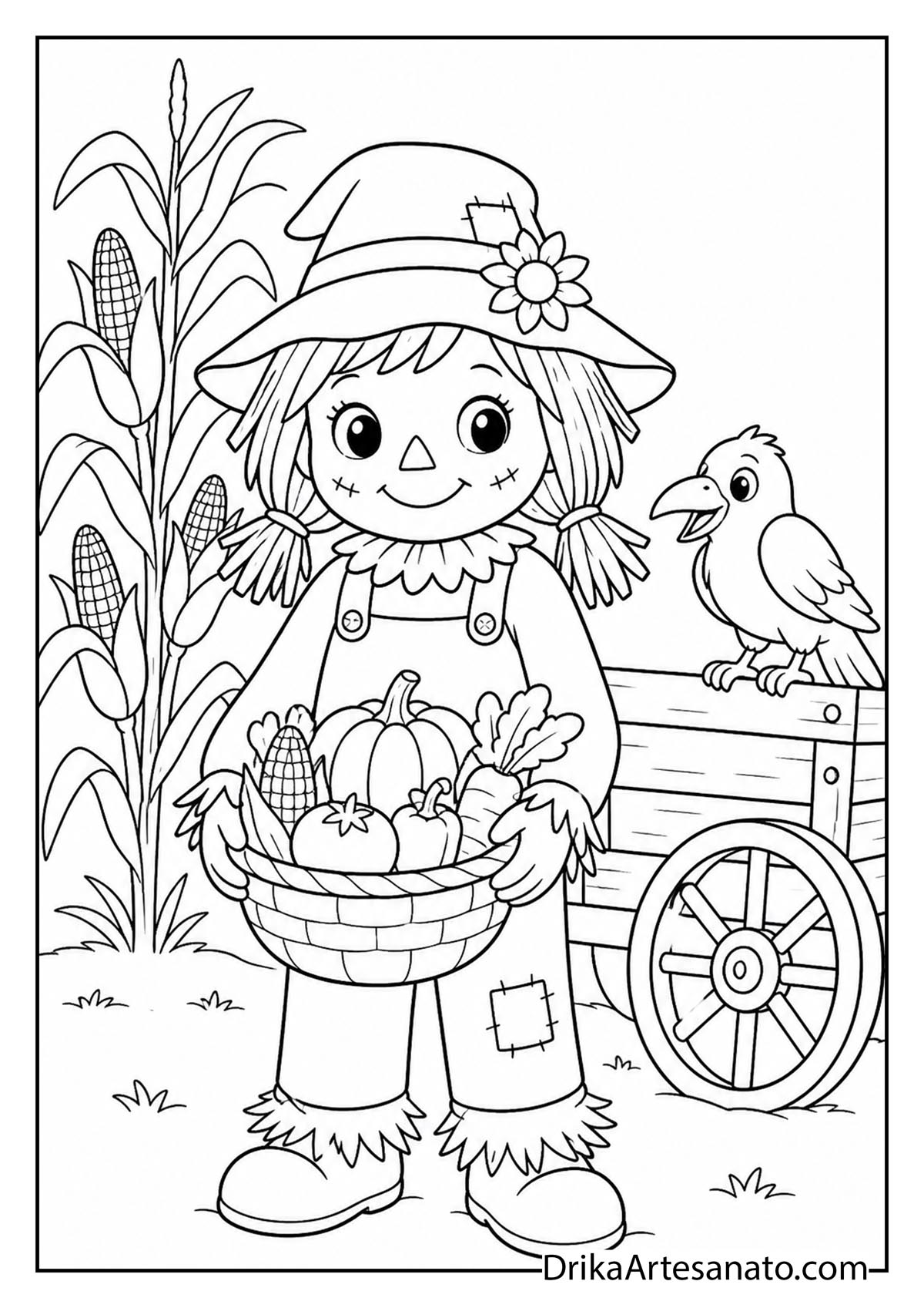 Girl scarecrow holding a harvest vegetable basket with a crow coloring page