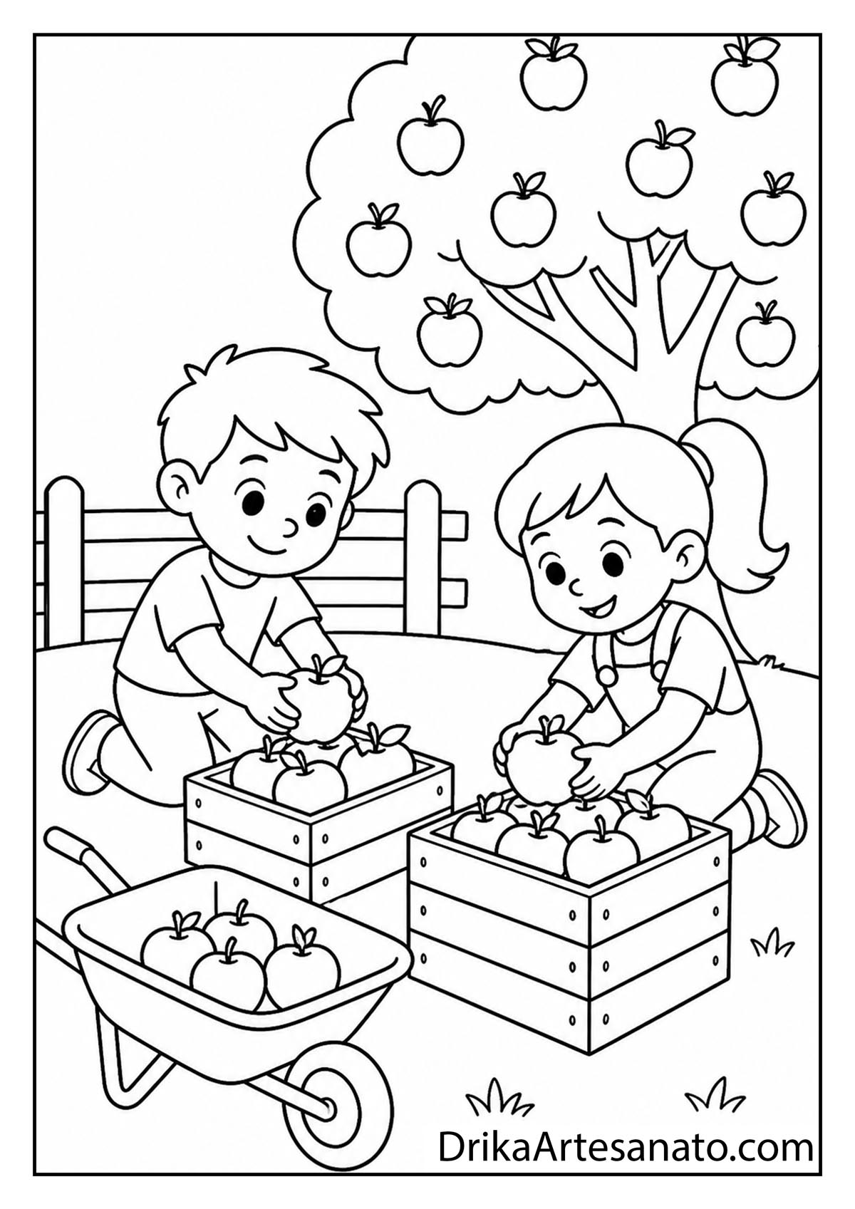 Two children sorting freshly picked apples into wooden crates and a wheelbarrow coloring sheet
