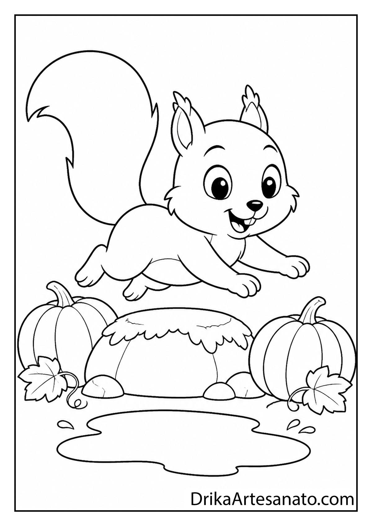 Playful squirrel leaping over a puddle between pumpkins printable coloring page