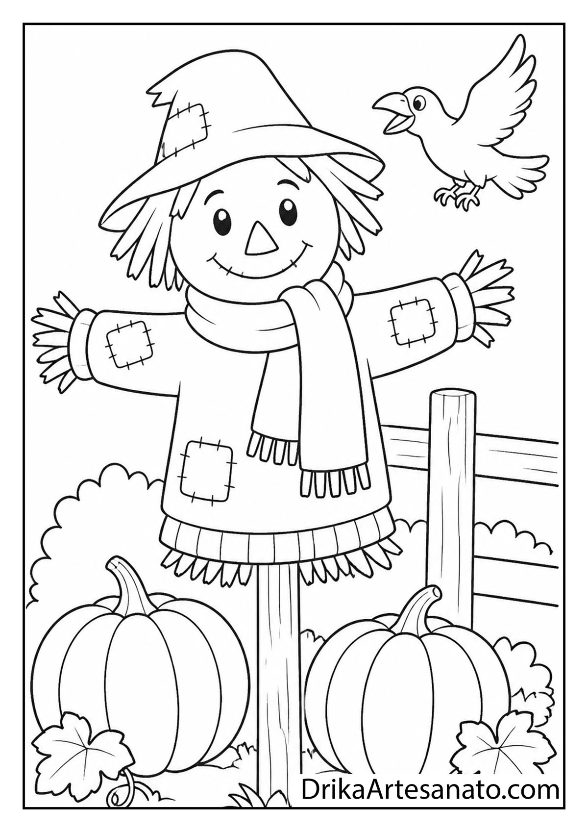 Friendly cartoon scarecrow with scarf and hat standing in a pumpkin patch with a bird coloring page