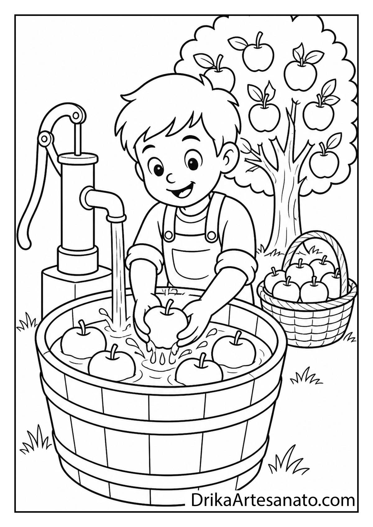 Boy washing freshly picked apples in a wooden water tub with a hand pump coloring page