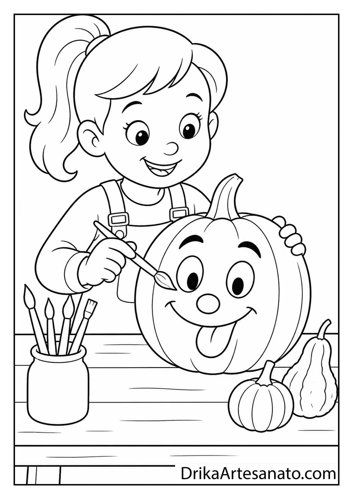 Girl painting a funny face on a pumpkin at a craft table coloring page for kids