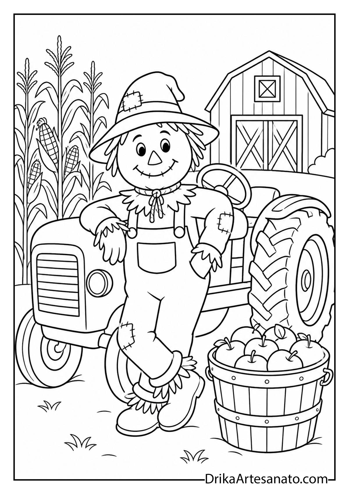 Scarecrow leaning on a tractor with a basket of apples line art coloring page