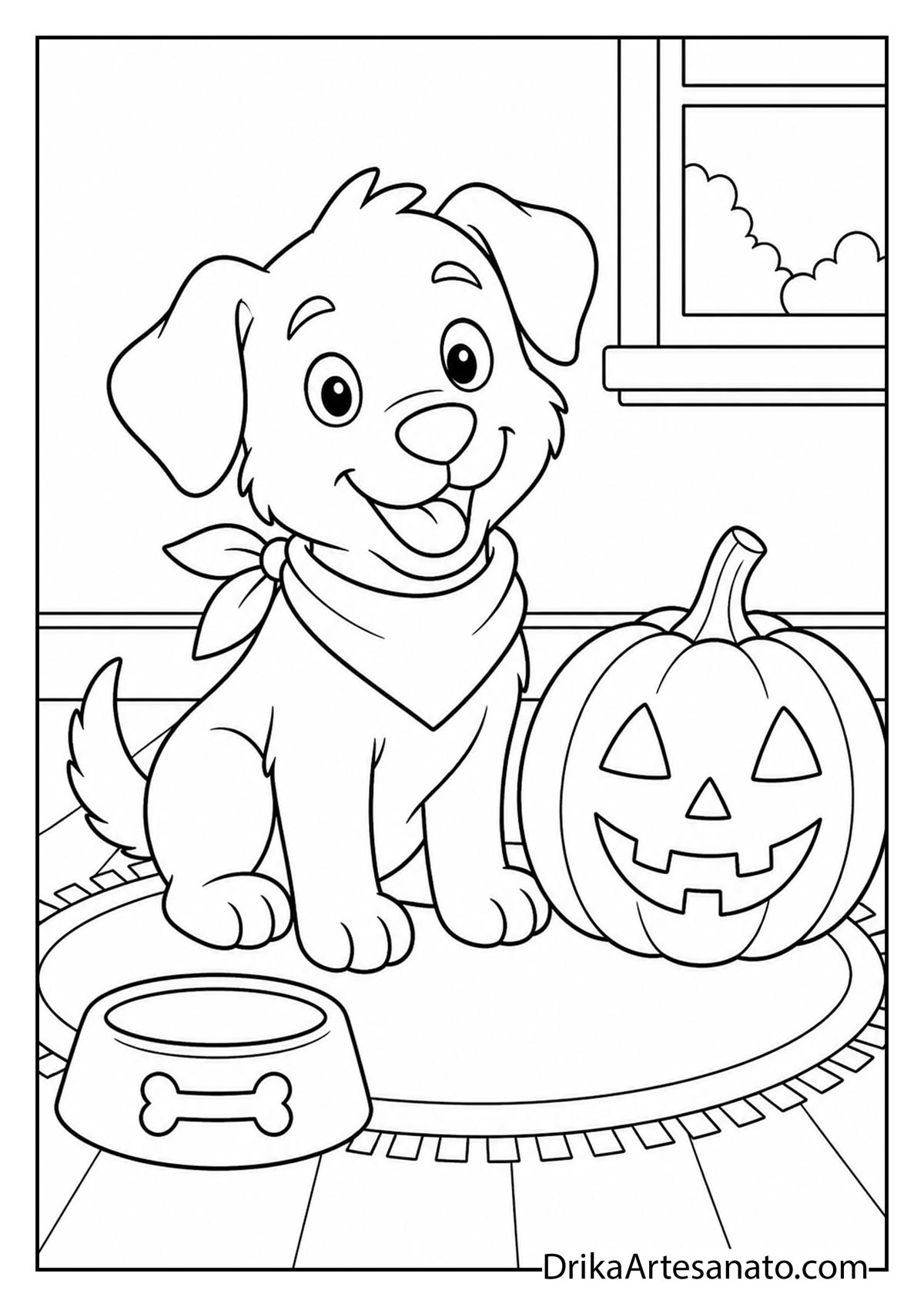 Happy cartoon puppy wearing a bandana next to a jack-o-lantern coloring page