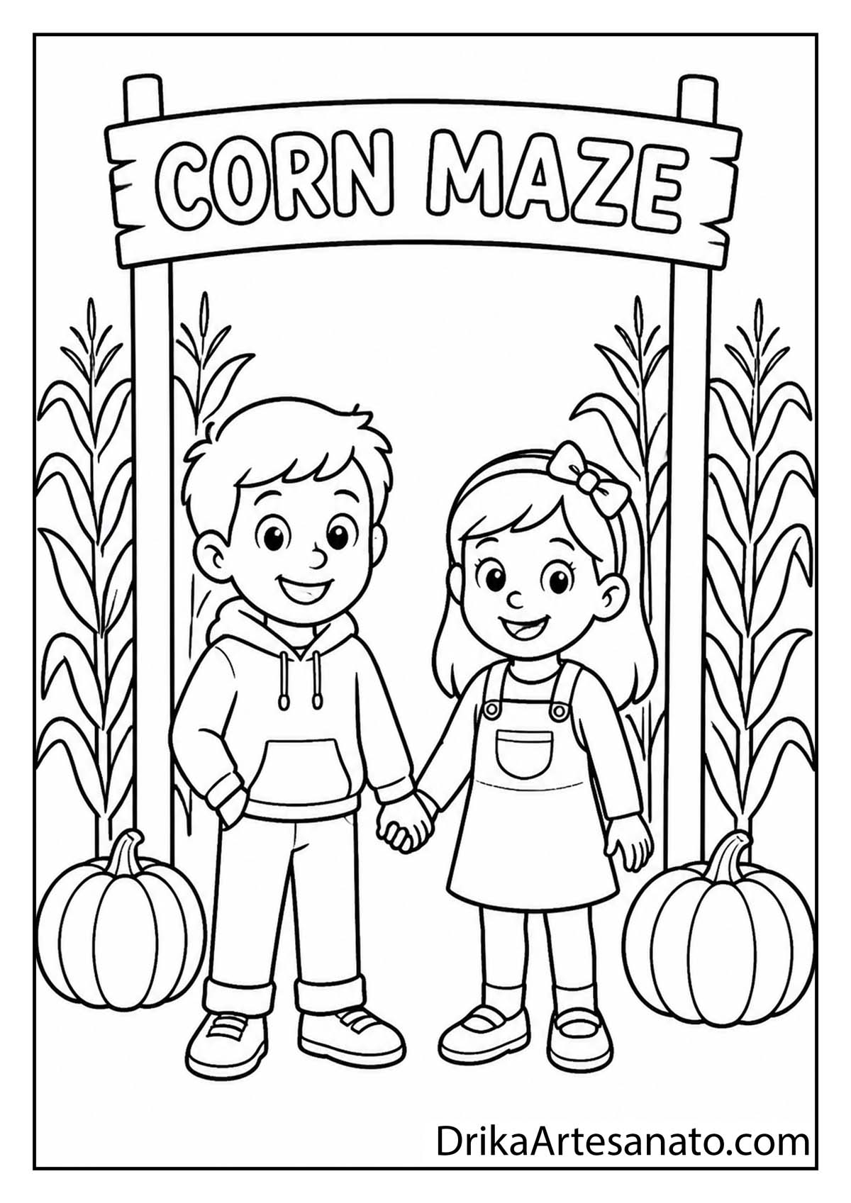 Two kids holding hands at a corn maze entrance sign black and white coloring sheet