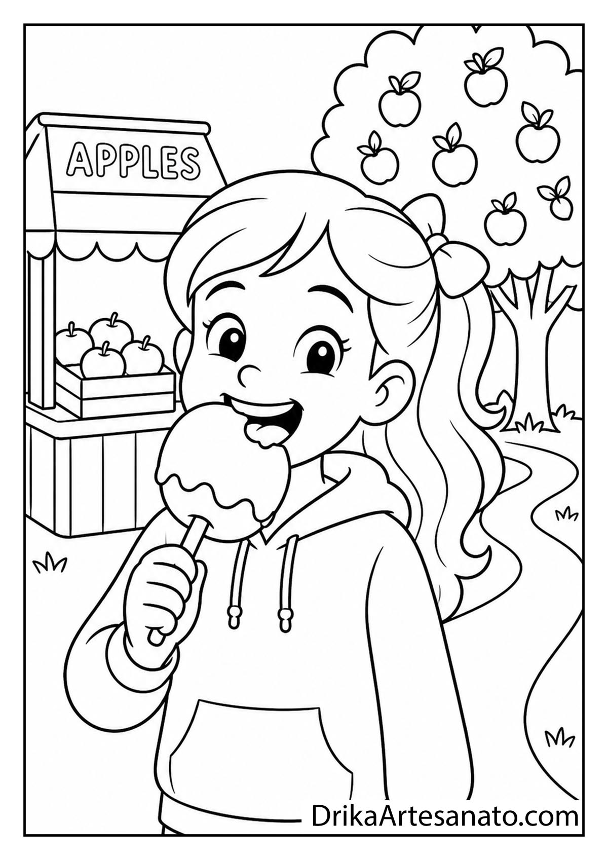 Girl biting into a sweet candied caramel apple next to a fruit stand coloring sheet