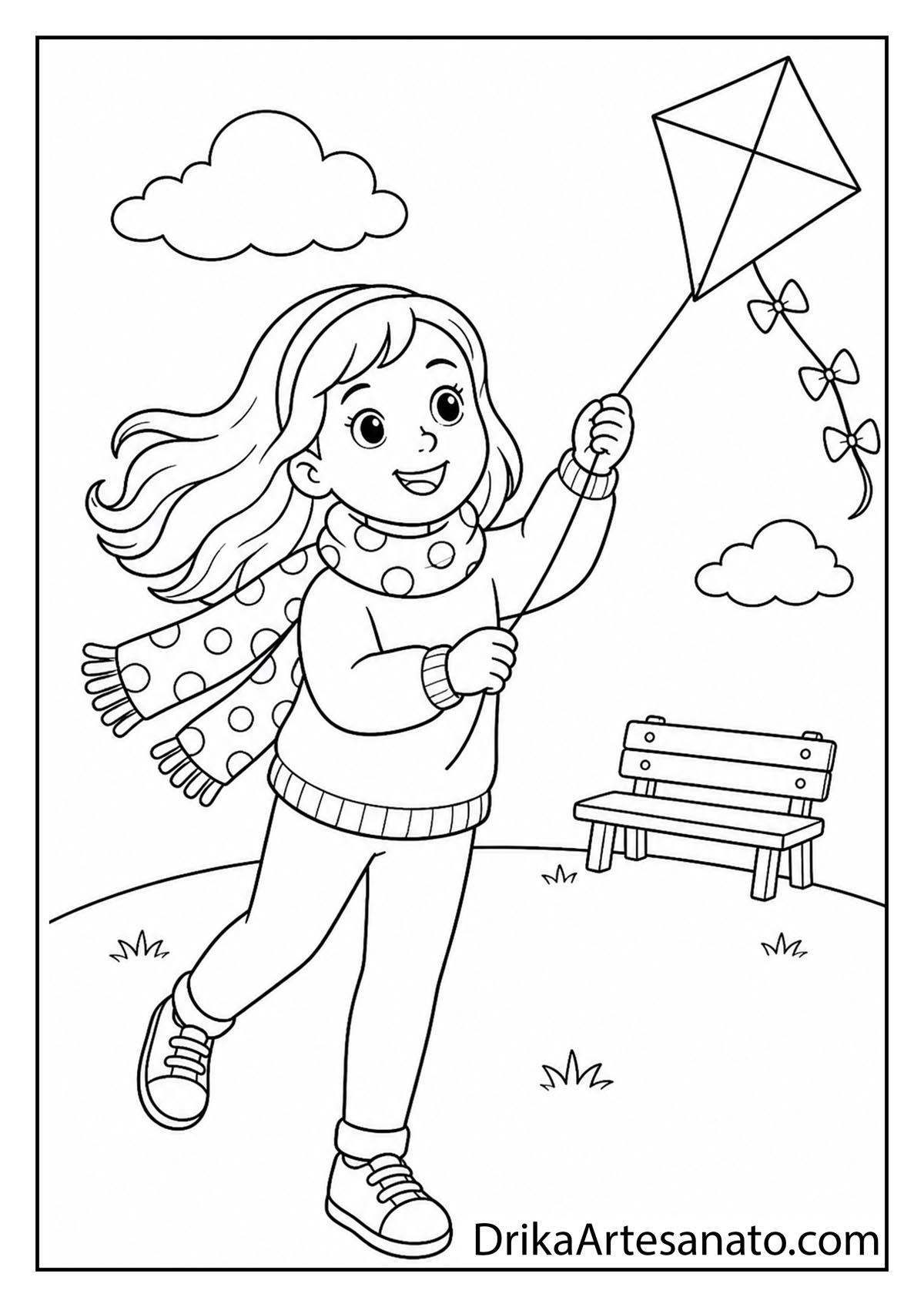 Happy cartoon girl running with a kite in the wind wearing a polka dot scarf line art coloring sheet