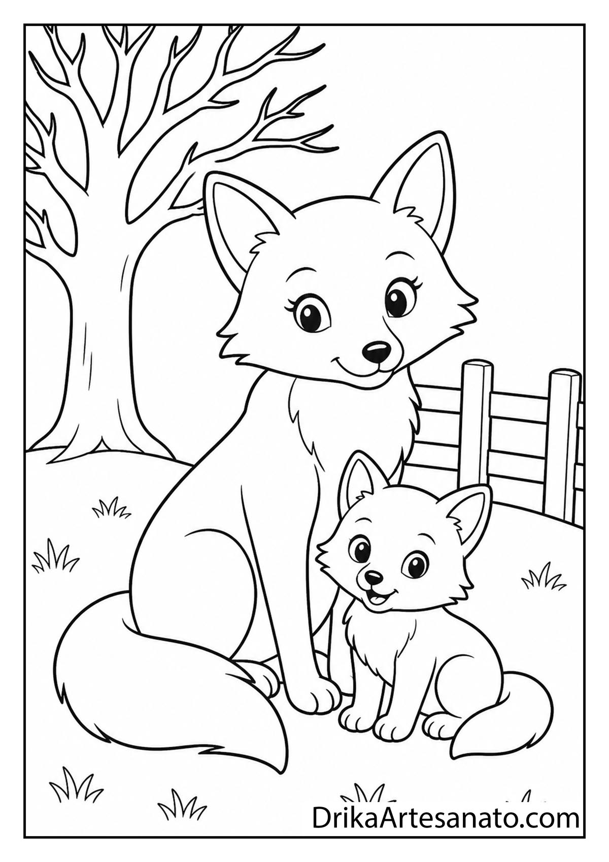 Mother fox sitting next to her cute baby cub outdoors coloring page