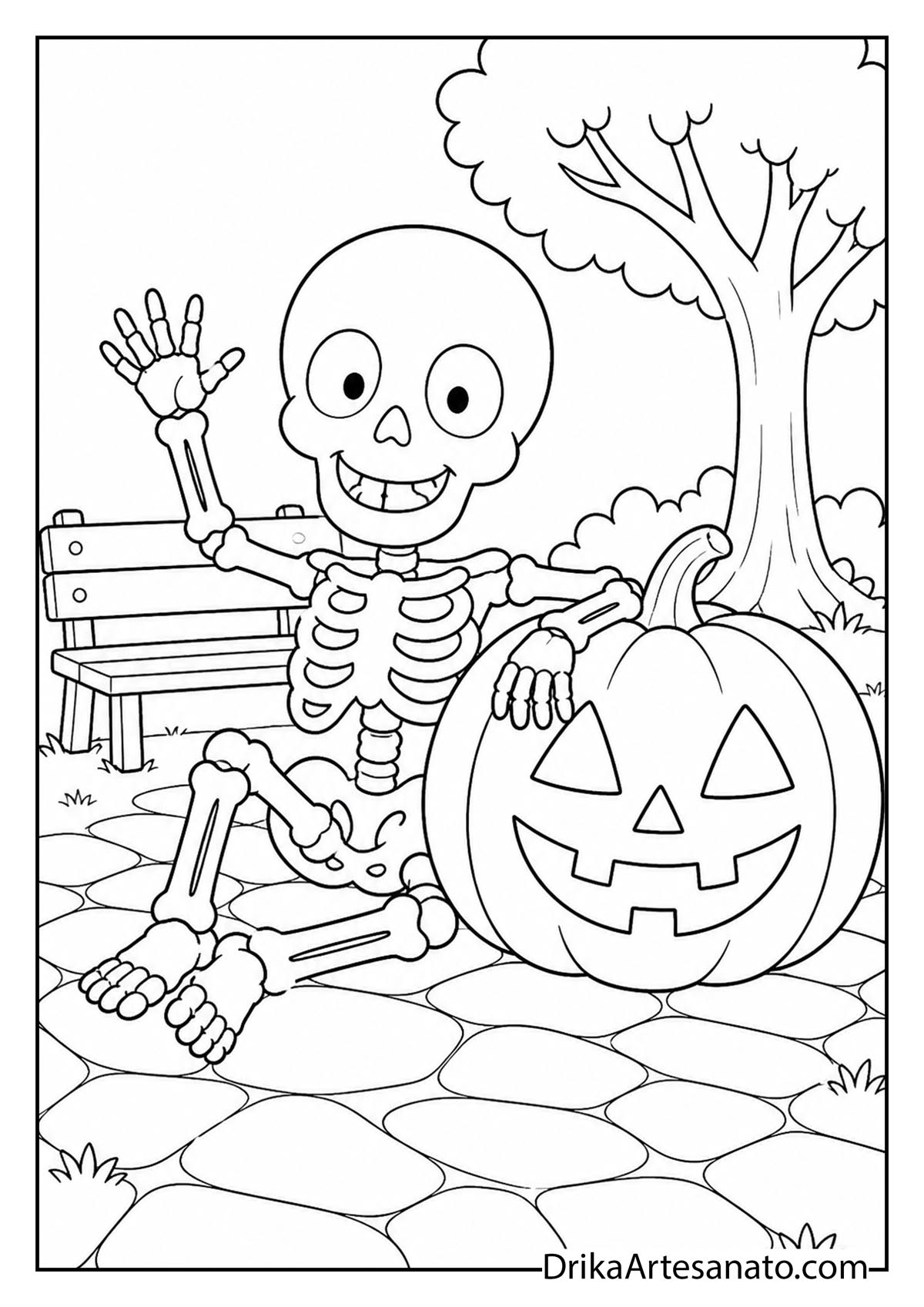 Friendly waving skeleton sitting beside a jack-o-lantern in a park coloring sheet