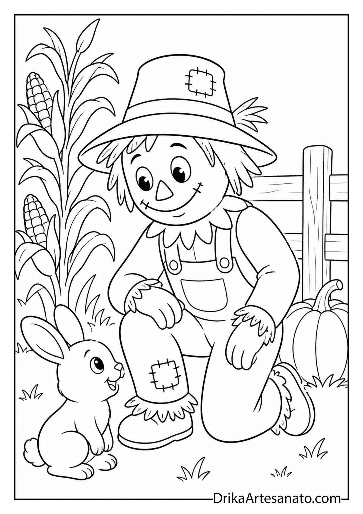 Scarecrow kneeling down to greet a cute bunny rabbit coloring page for kids