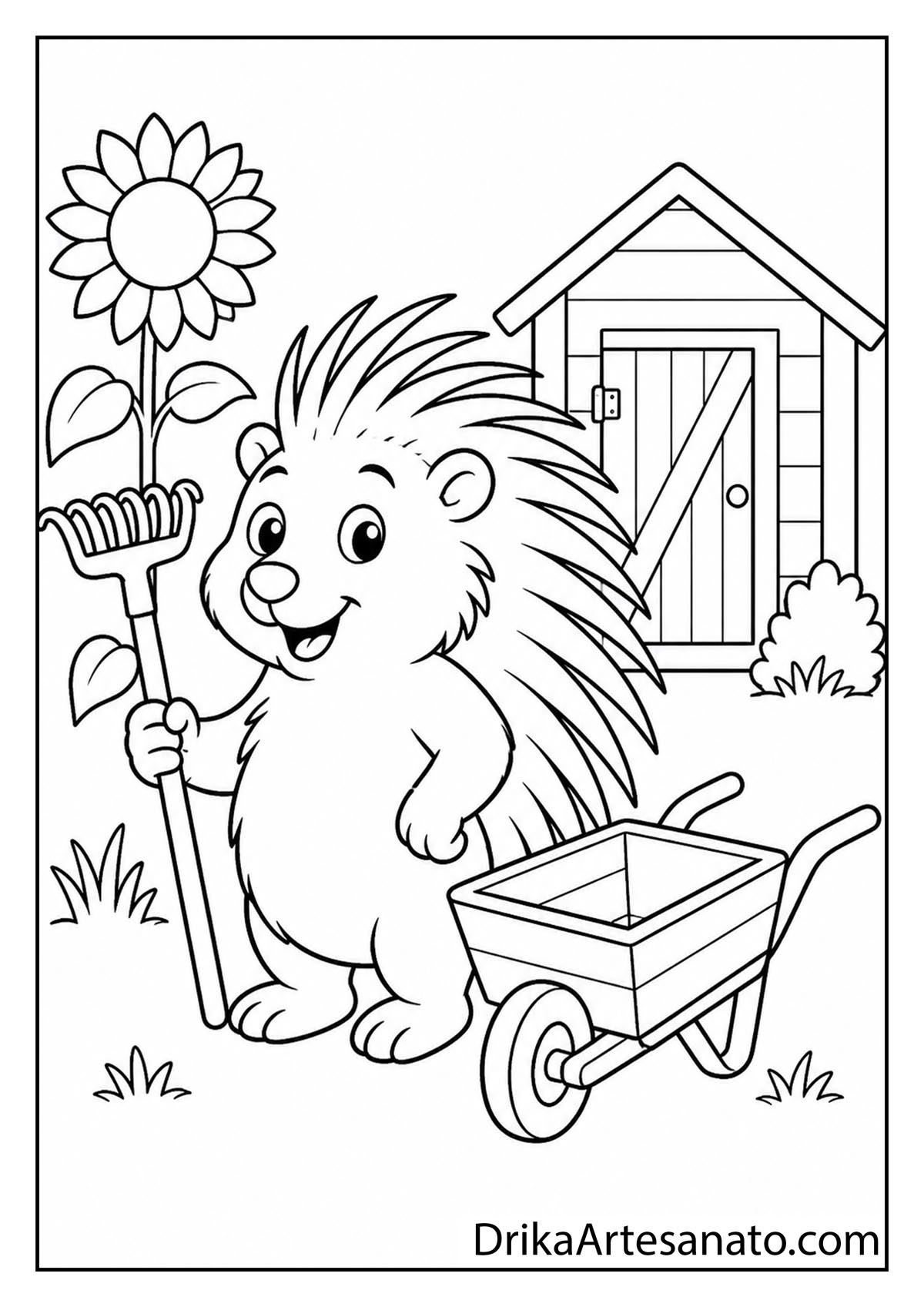 Cute porcupine holding a garden rake beside a wheelbarrow coloring sheet