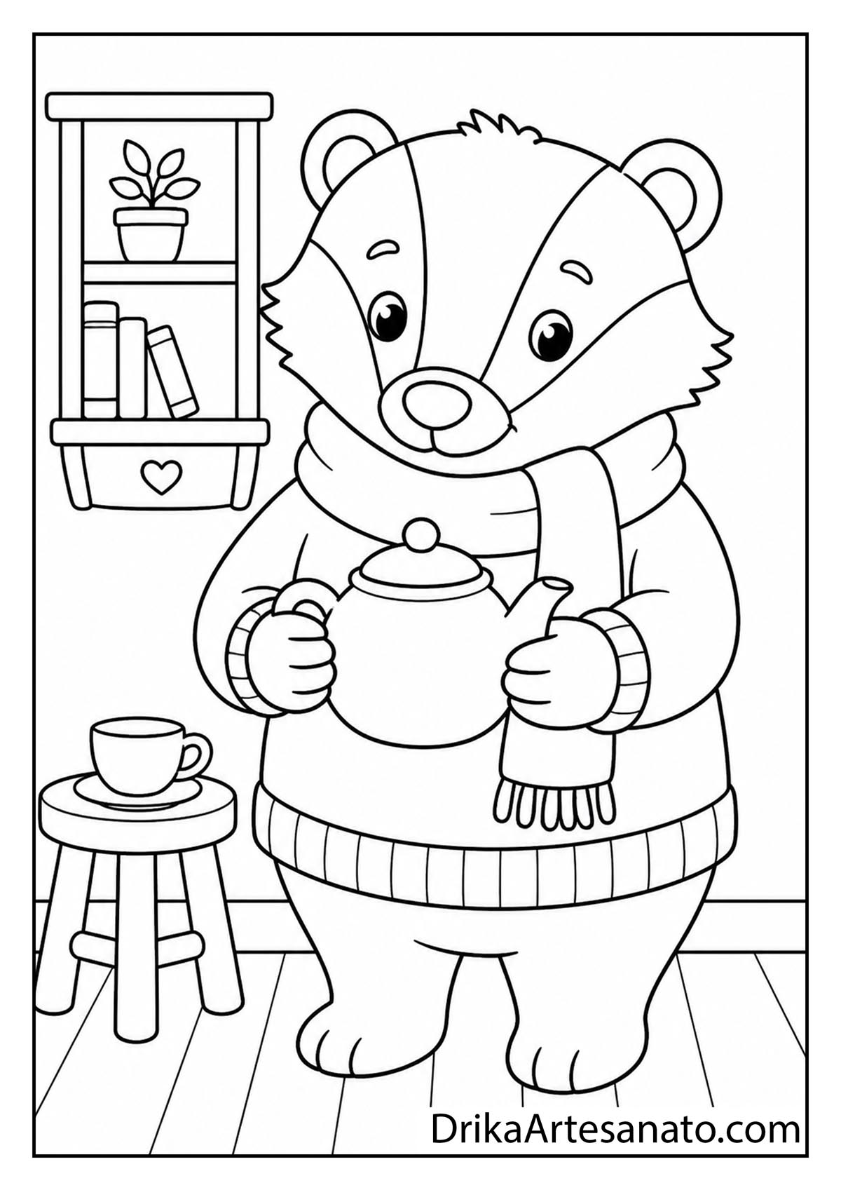 Cute cartoon badger wearing a warm sweater holding a teapot in a kitchen line art coloring page