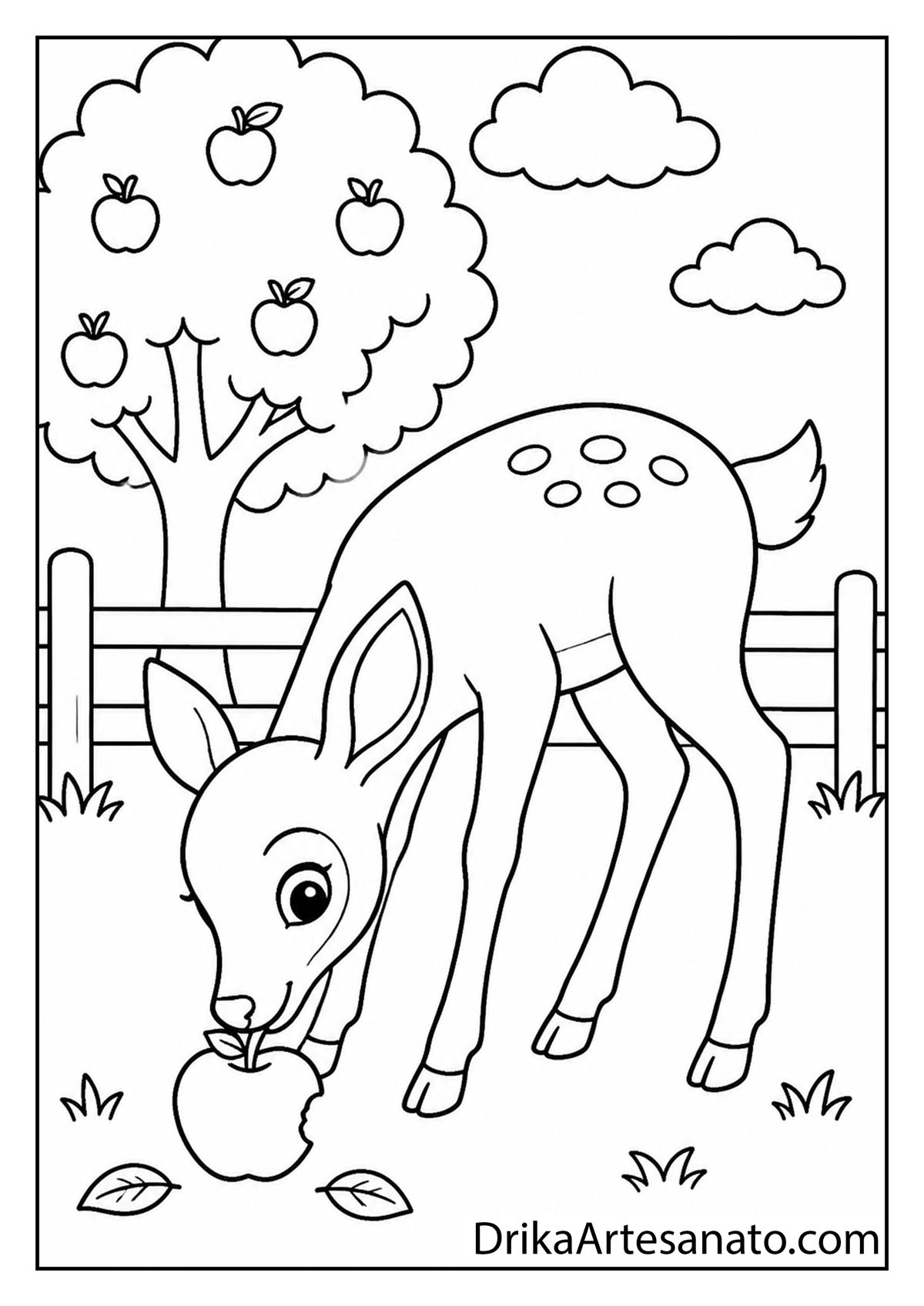 Cute young fawn eating a fallen apple in a grassy orchard coloring page for kids