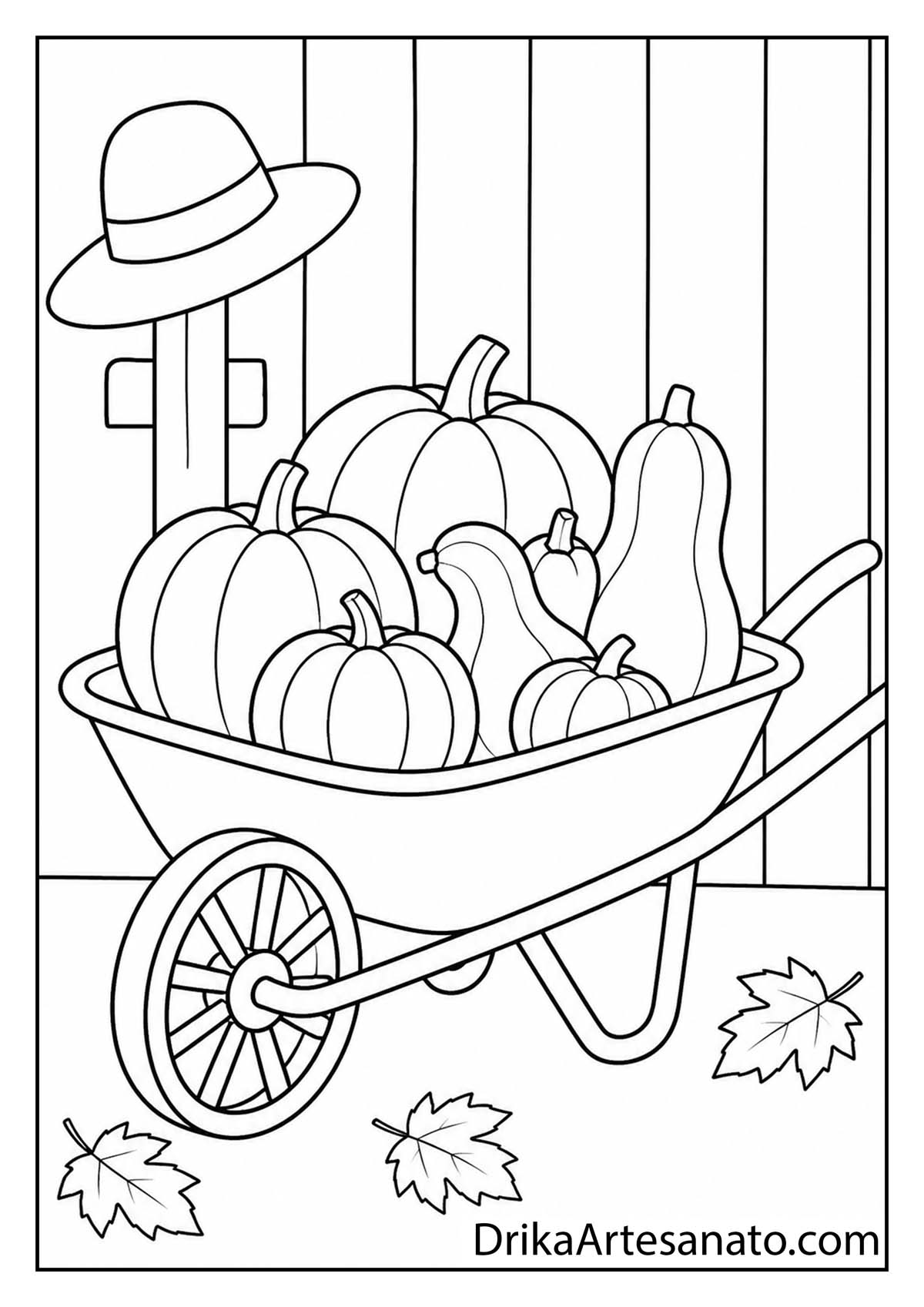 Wheelbarrow loaded with pumpkins and squash beside a wooden wall coloring page