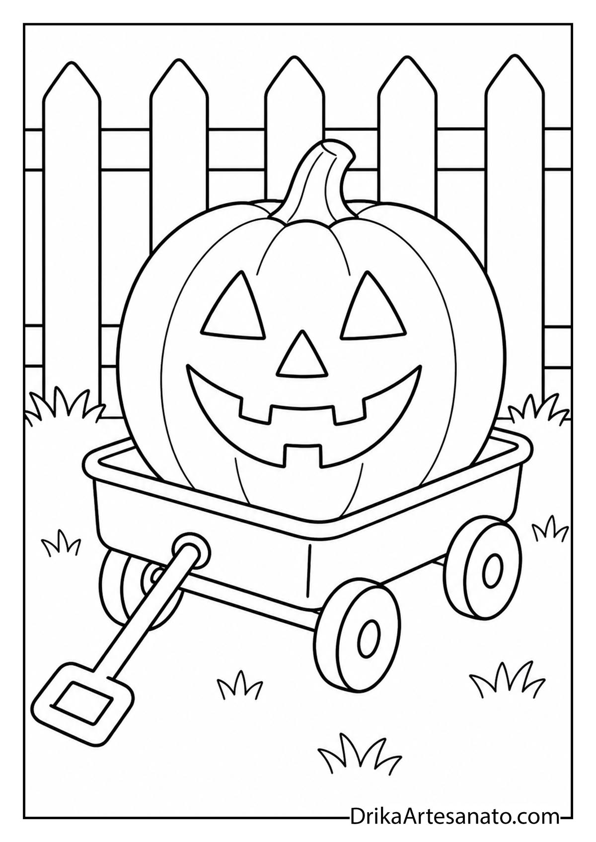 Smiling jack-o-lantern sitting inside a little pull wagon printable coloring page
