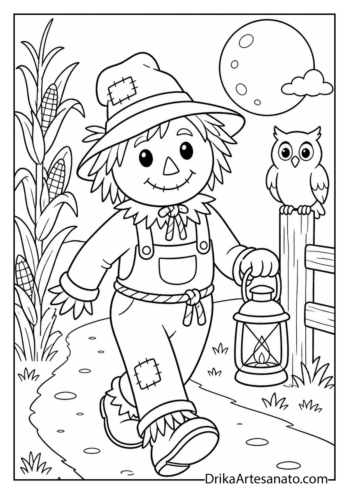 Scarecrow holding a lantern walking past an owl at night coloring sheet