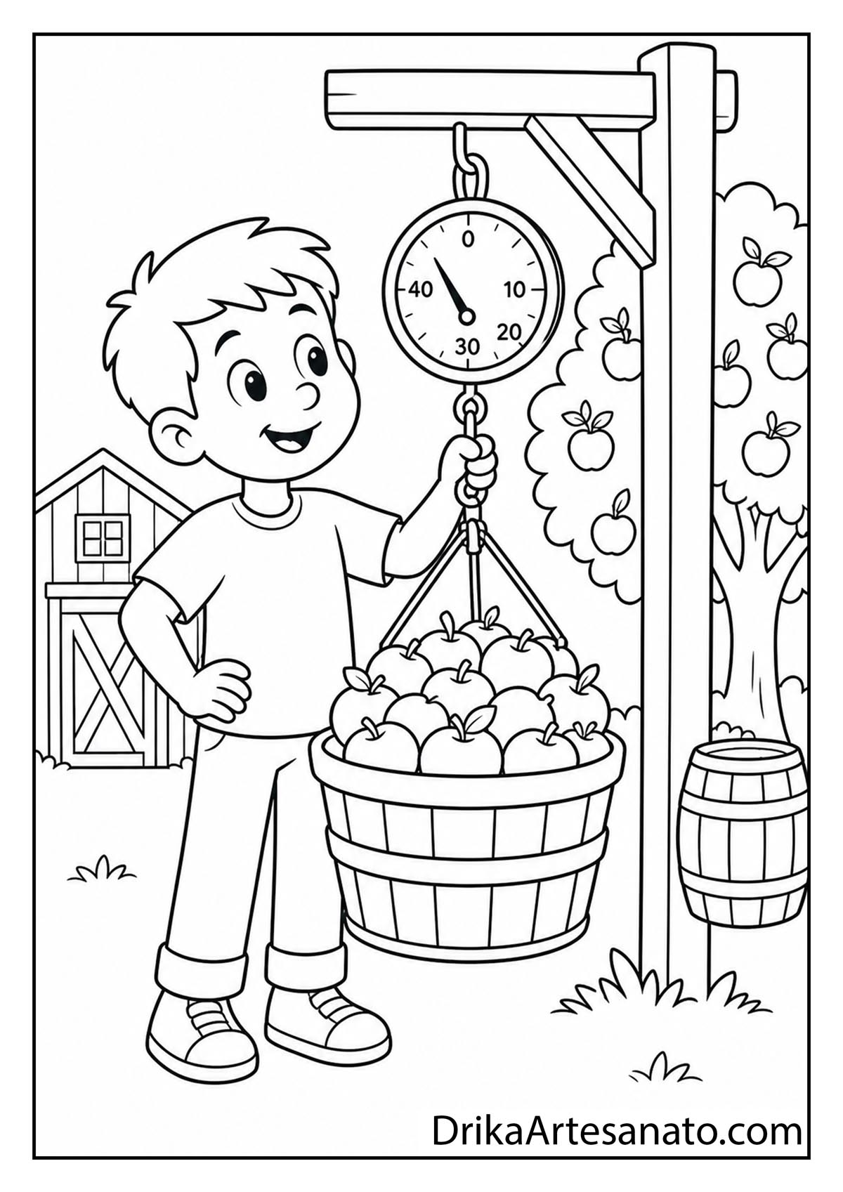 Boy checking the weight of a basket full of apples on an orchard scale coloring sheet