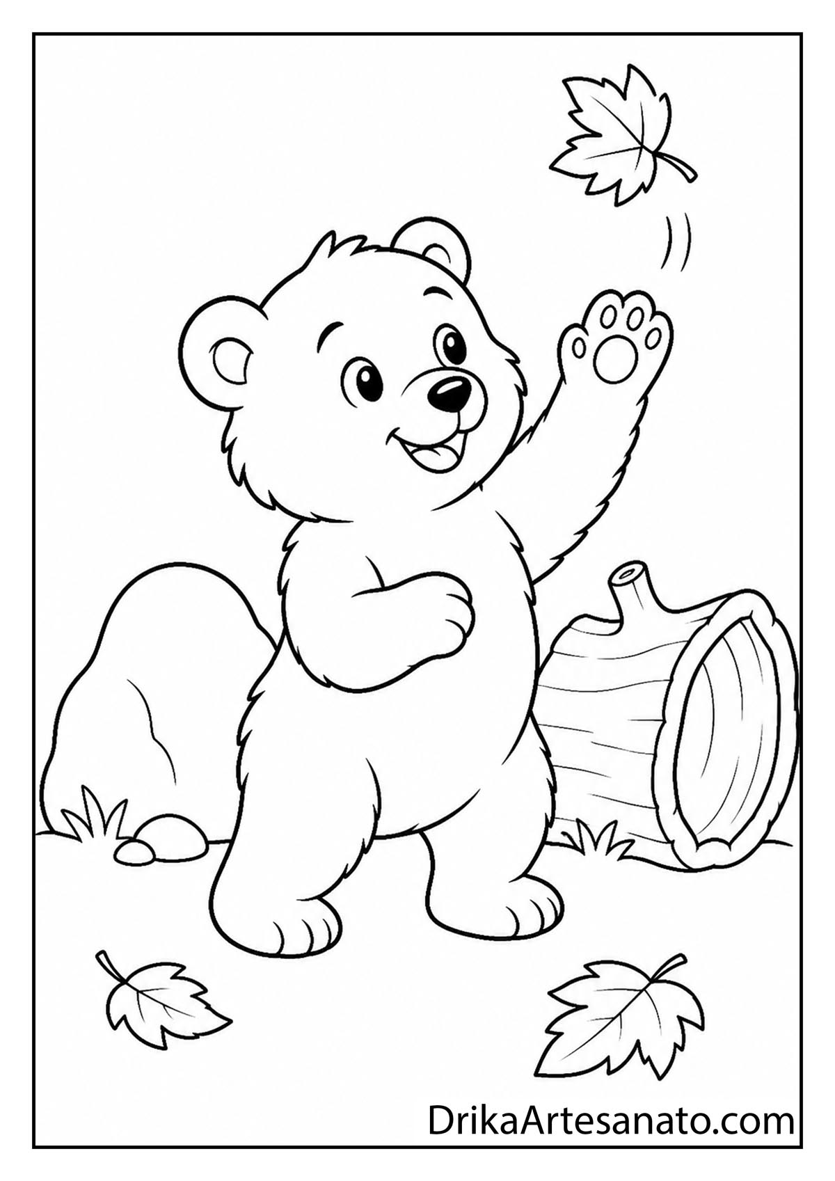 Cute bear cub reaching up to catch a falling leaf printable coloring page