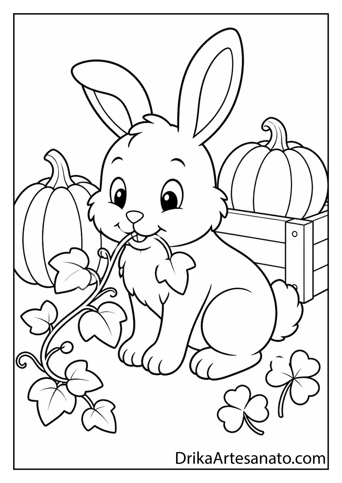 Cute fluffy bunny nibbling a pumpkin vine black and white printable coloring page